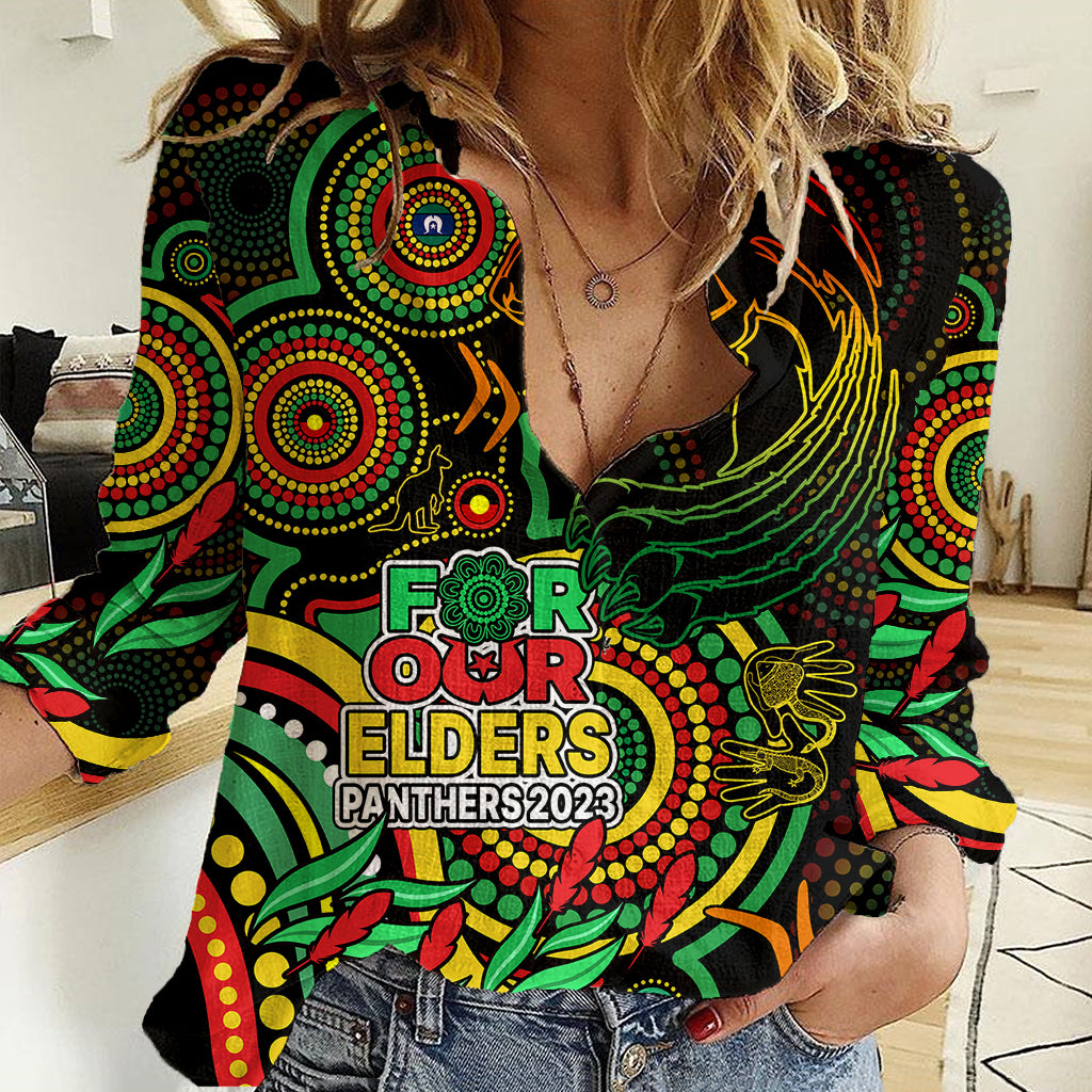 Custom Panthers Rugby Aboriginal Art Women Casual Shirt NAIDOC Indigenous Tribal - Vibe Hoodie Shop