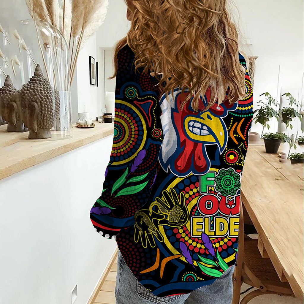 Roosters Rugby Aboriginal Art Women Casual Shirt NAIDOC Indigenous Tribal - Vibe Hoodie Shop