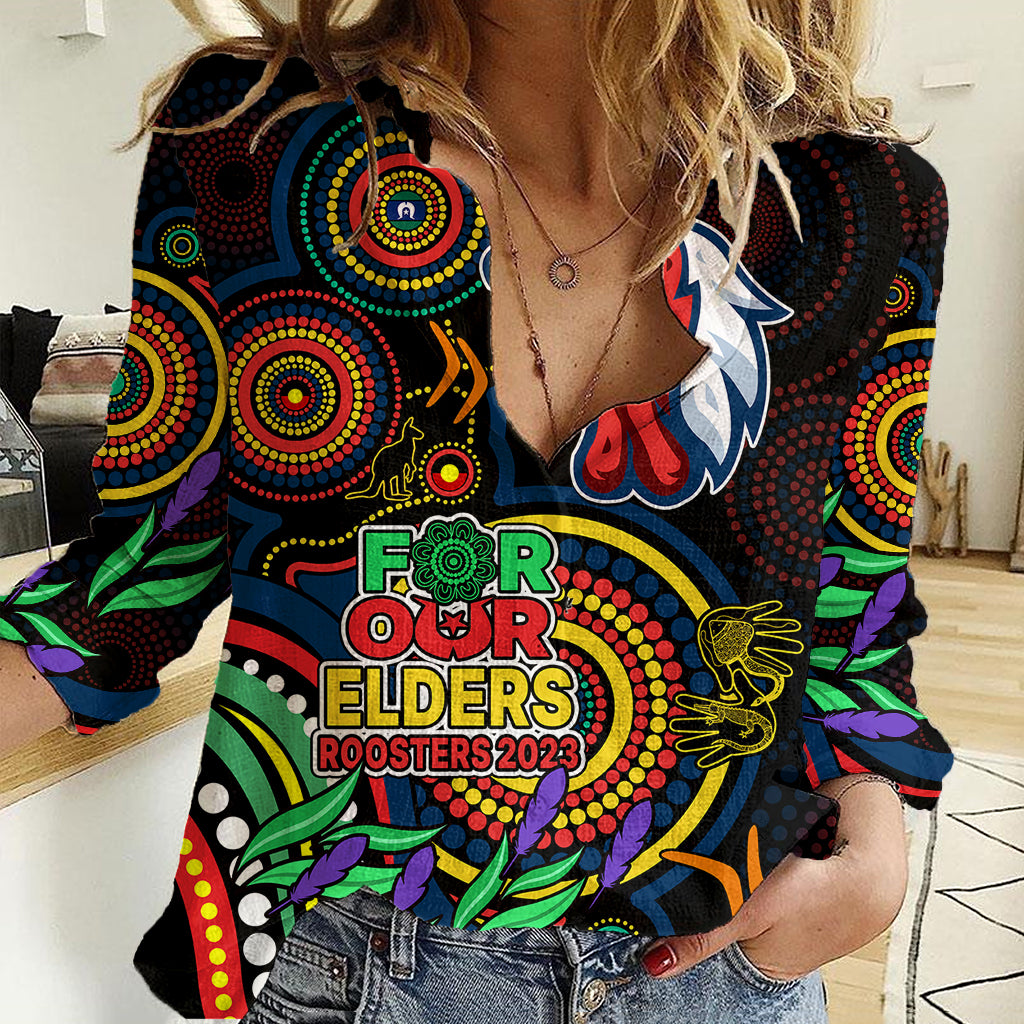 Custom Roosters Rugby Aboriginal Art Women Casual Shirt NAIDOC Indigenous Tribal - Vibe Hoodie Shop