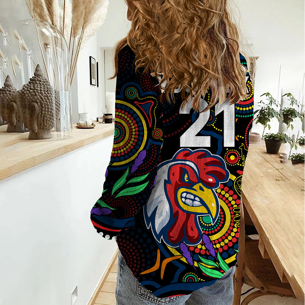 Custom Roosters Rugby Aboriginal Art Women Casual Shirt NAIDOC Indigenous Tribal - Vibe Hoodie Shop