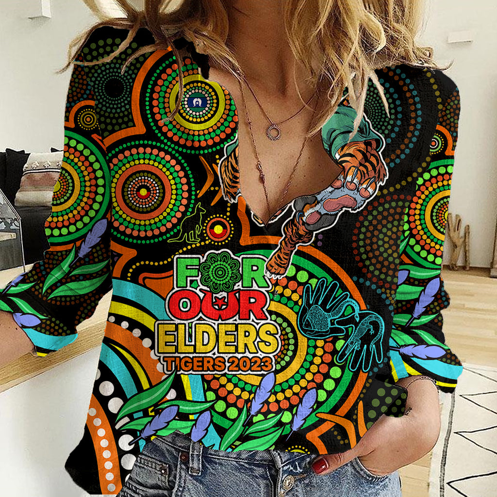 Tigers Rugby Aboriginal Art Women Casual Shirt NAIDOC Indigenous Tribal - Vibe Hoodie Shop