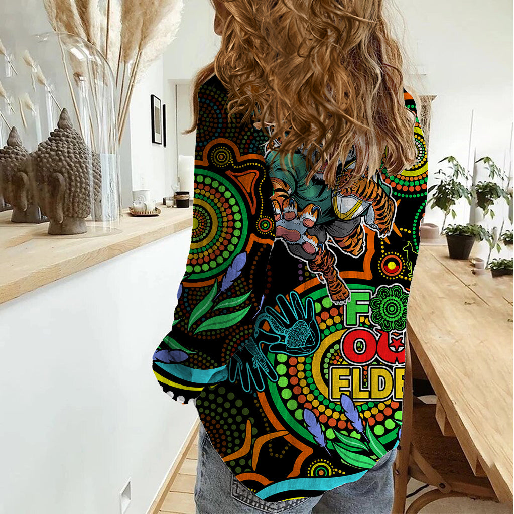Tigers Rugby Aboriginal Art Women Casual Shirt NAIDOC Indigenous Tribal - Vibe Hoodie Shop