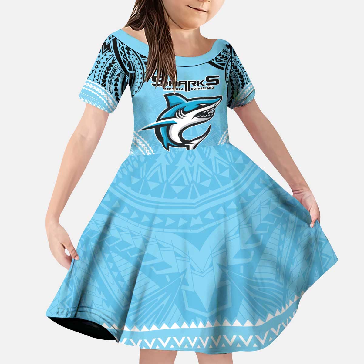 Sharks Rugby Custom Kid Short Sleeve Dress With Polynesian Style - Vibe Hoodie Shop