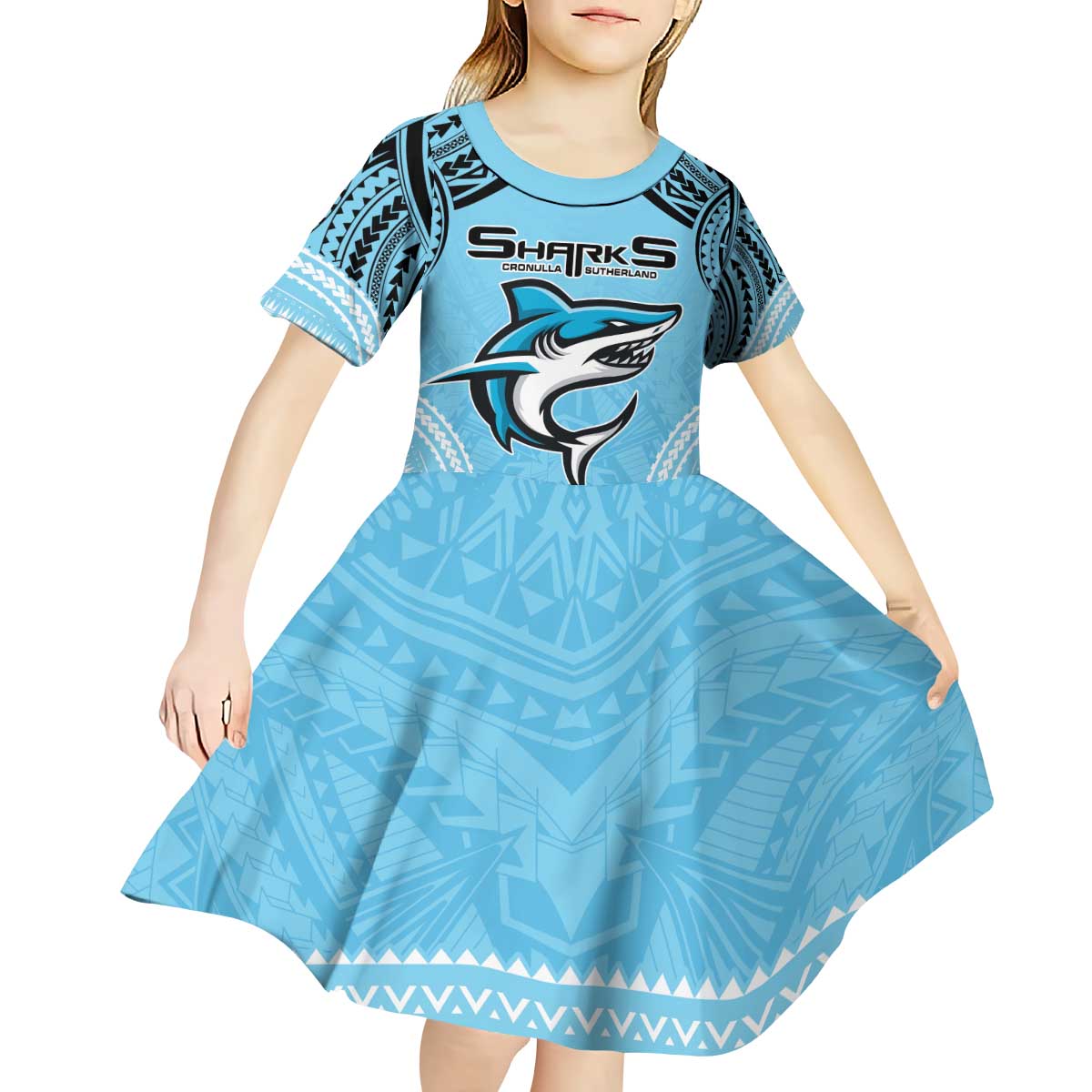 Sharks Rugby Custom Kid Short Sleeve Dress With Polynesian Style - Vibe Hoodie Shop