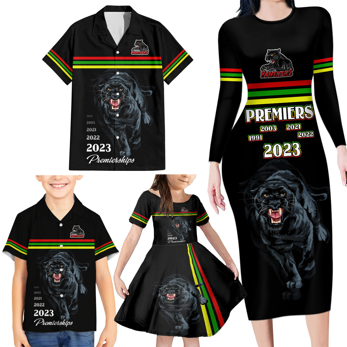 panther-premierships-family-matching-long-sleeve-bodycon-dress-and-hawaiian-shirt-go-champions-2023-black-simple-style