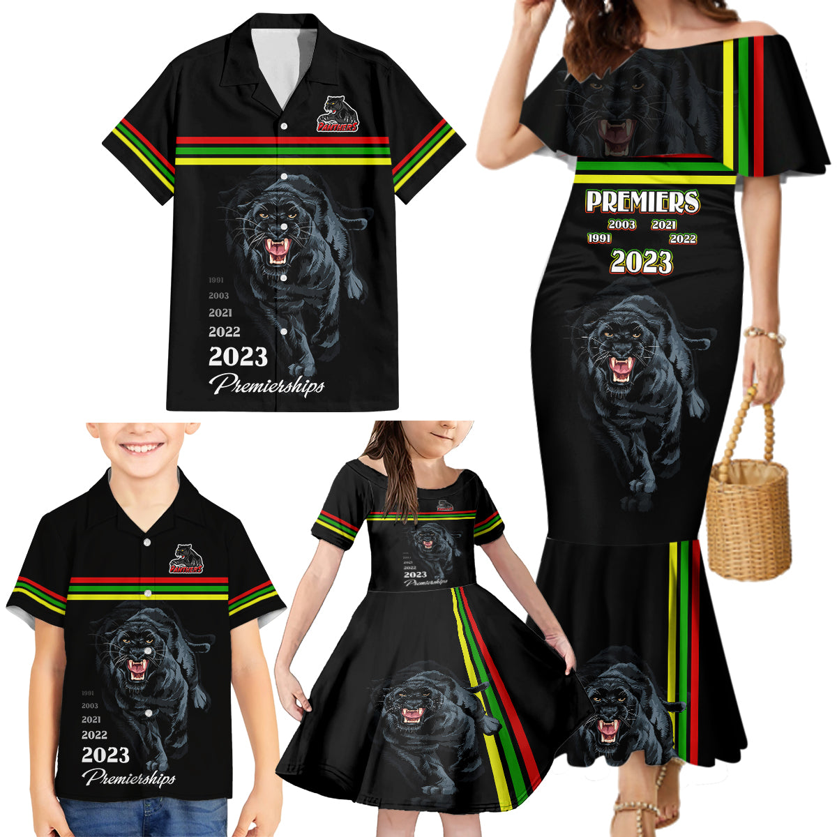 panther-premierships-family-matching-mermaid-dress-and-hawaiian-shirt-go-champions-2023-black-simple-style