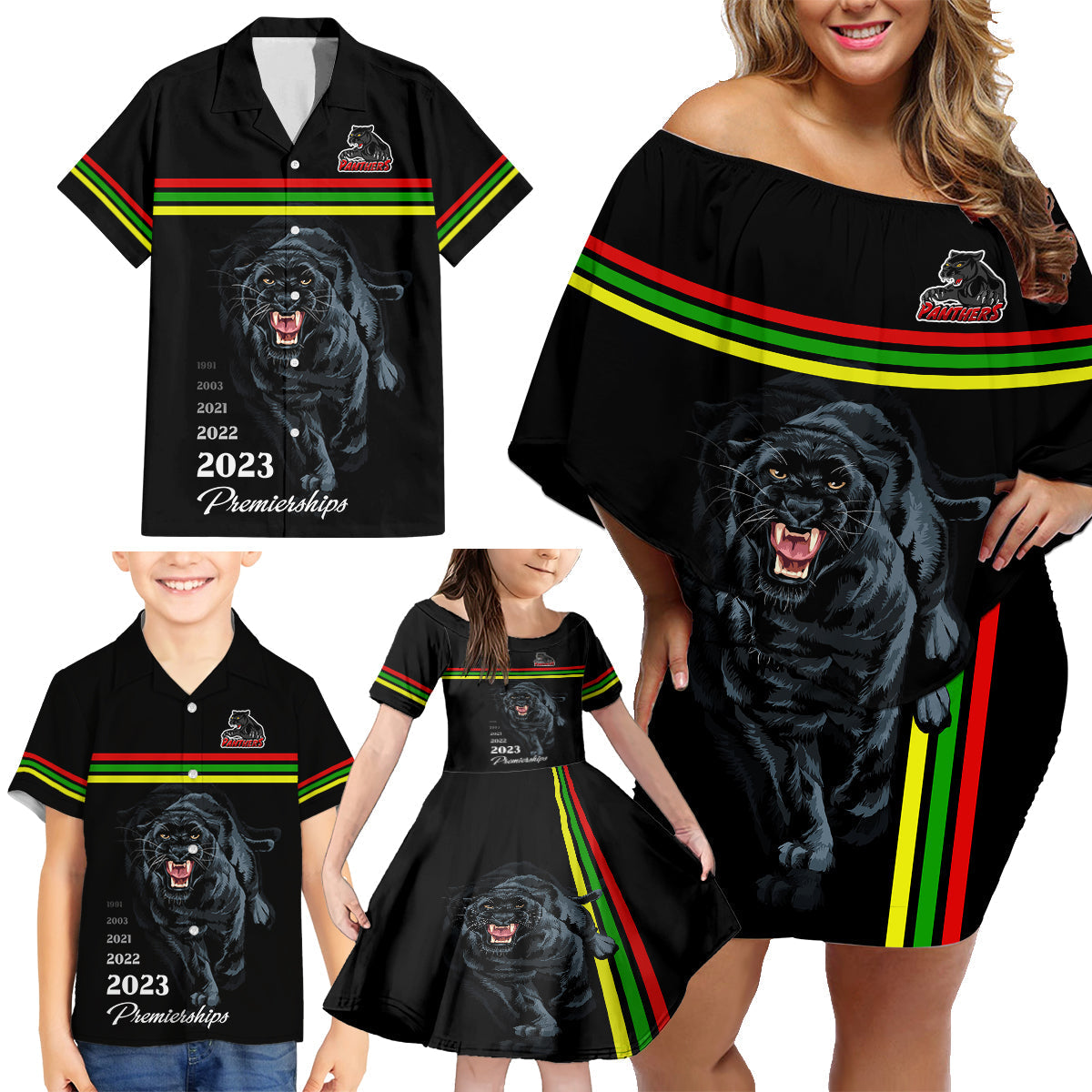 panther-premierships-family-matching-off-shoulder-short-dress-and-hawaiian-shirt-go-champions-2023-black-simple-style