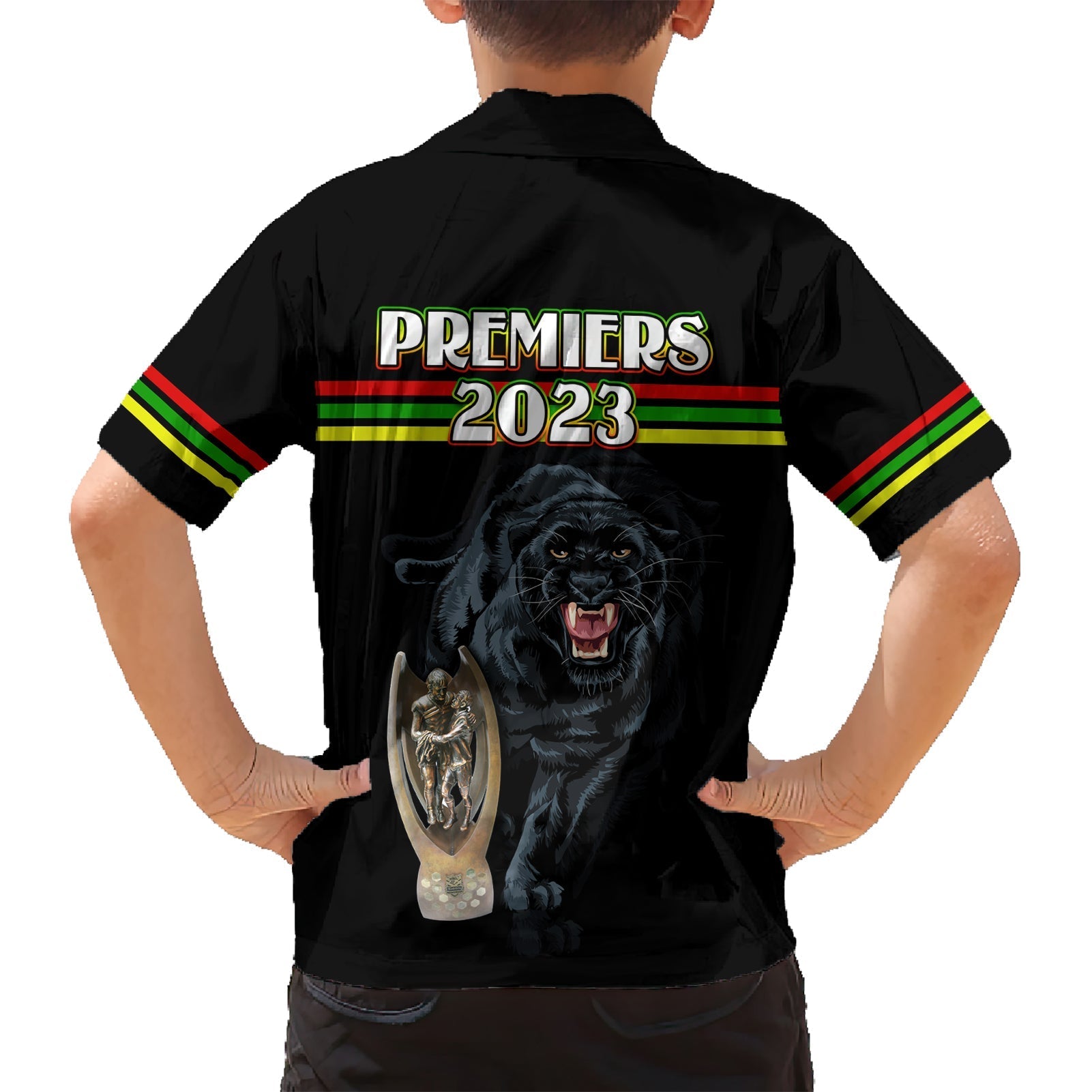 panther-premierships-family-matching-short-sleeve-bodycon-dress-and-hawaiian-shirt-go-champions-2023-black-simple-style