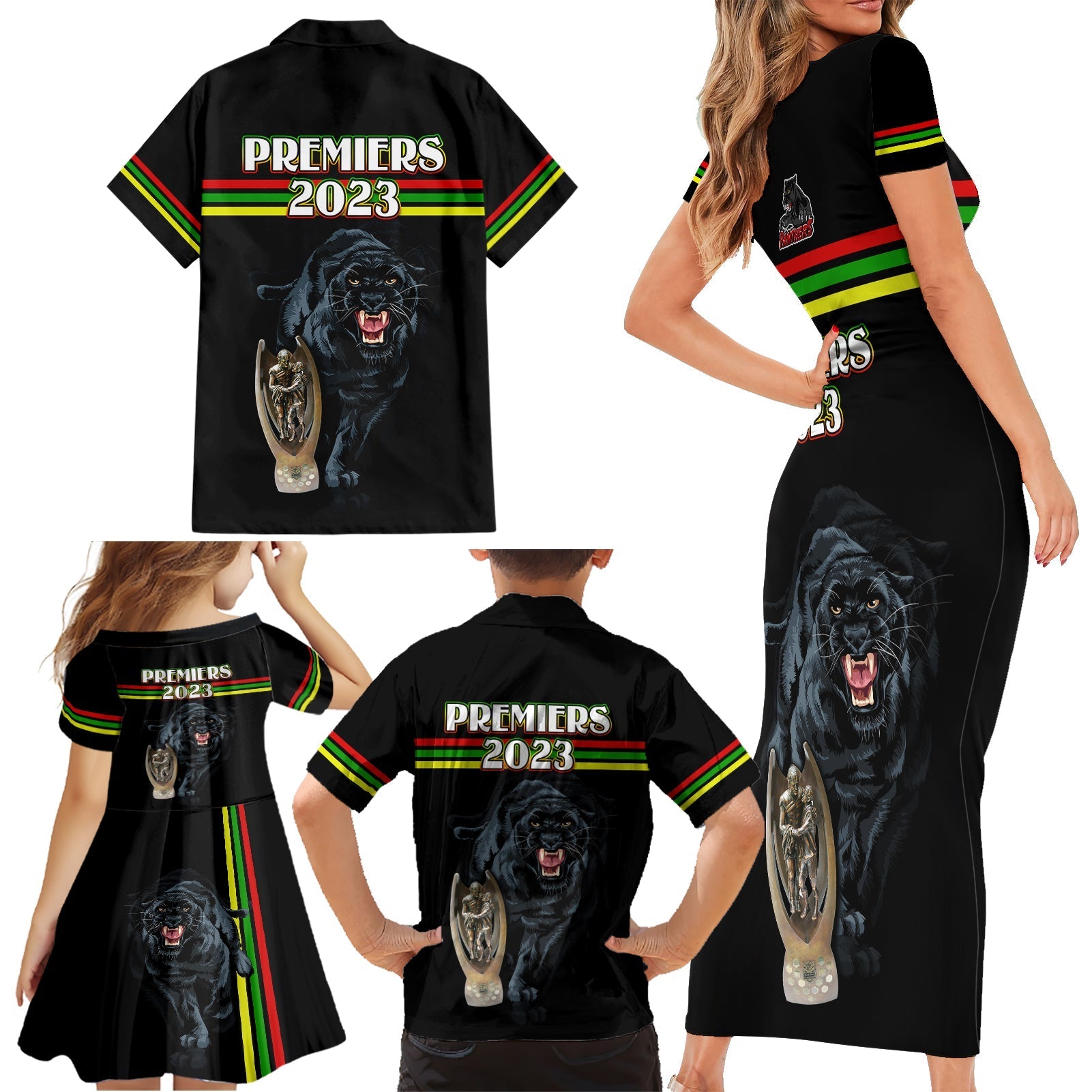 panther-premierships-family-matching-short-sleeve-bodycon-dress-and-hawaiian-shirt-go-champions-2023-black-simple-style