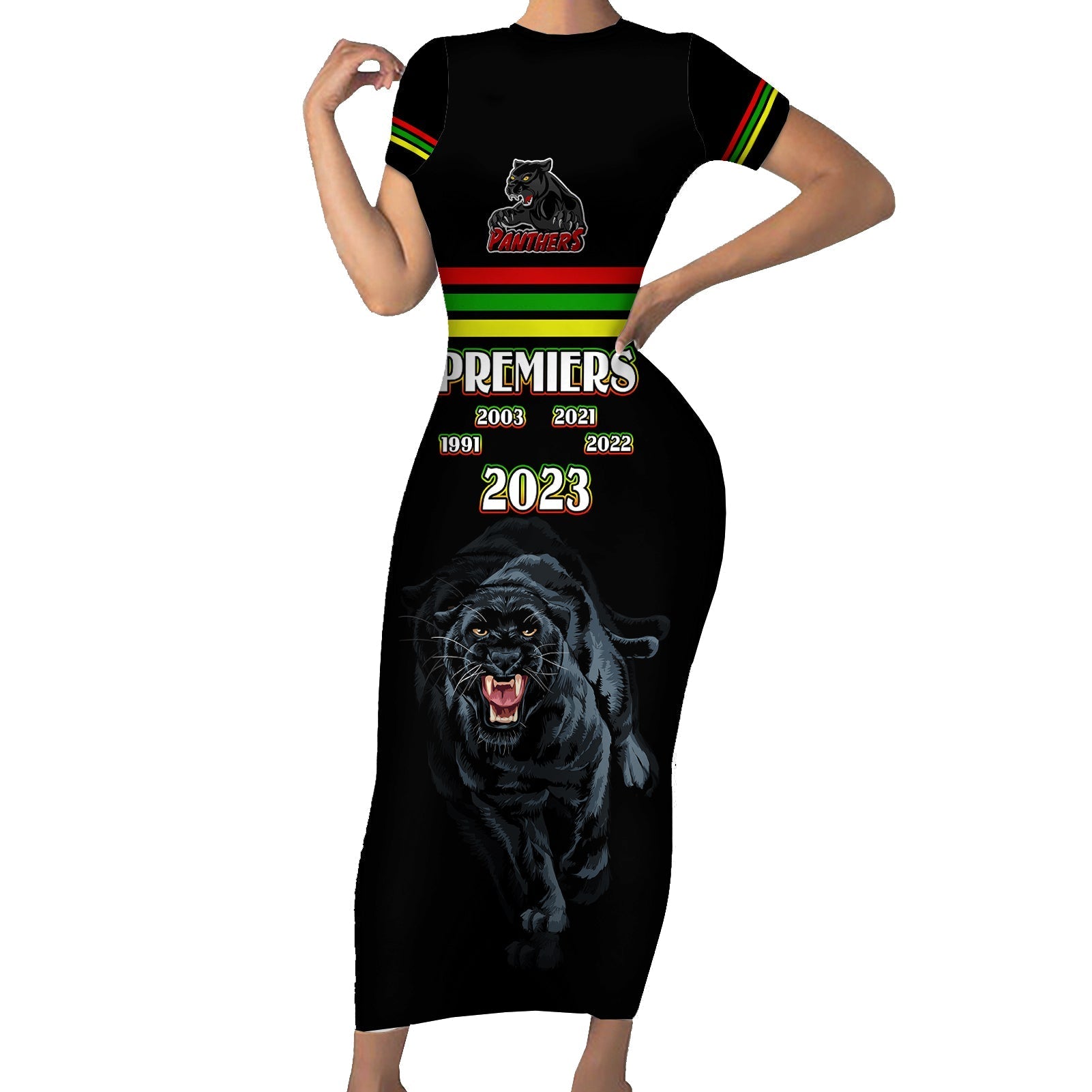 panther-premierships-family-matching-short-sleeve-bodycon-dress-and-hawaiian-shirt-go-champions-2023-black-simple-style