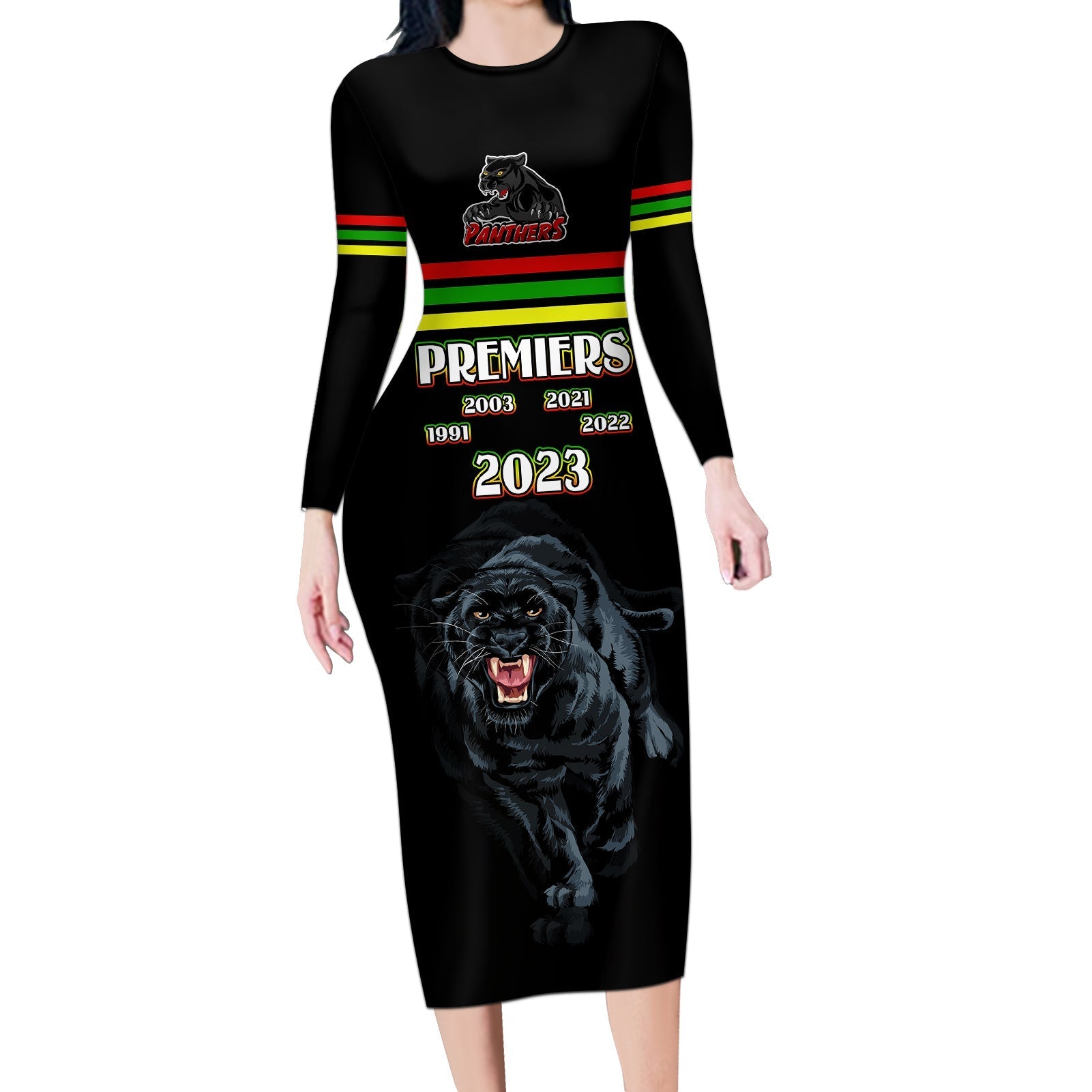 panther-premierships-long-sleeve-bodycon-dress-go-champions-2023-black-simple-style