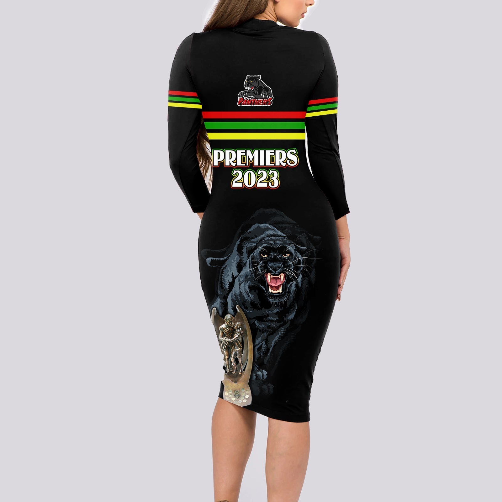 panther-premierships-long-sleeve-bodycon-dress-go-champions-2023-black-simple-style