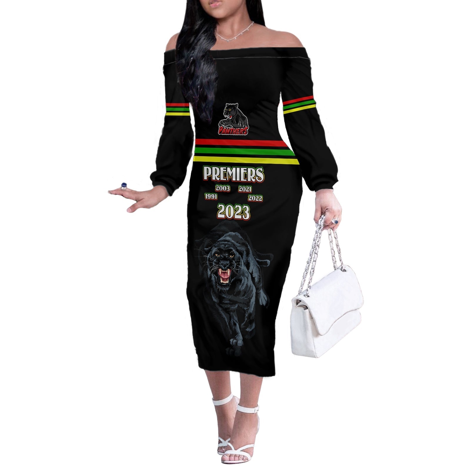 panther-premierships-off-the-shoulder-long-sleeve-dress-go-champions-2023-black-simple-style
