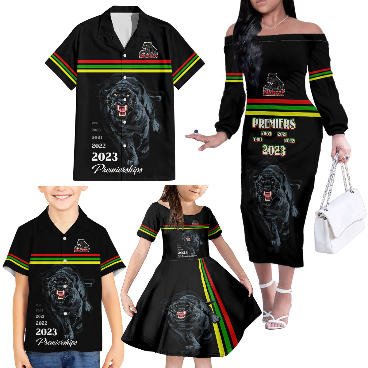 custom-panther-premierships-family-matching-off-shoulder-long-sleeve-dress-and-hawaiian-shirt-go-champions-2023-black-simple-style