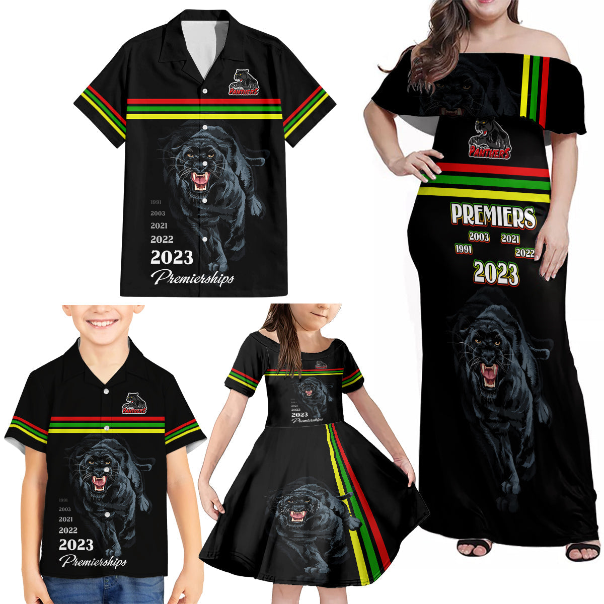 custom-panther-premierships-family-matching-off-shoulder-maxi-dress-and-hawaiian-shirt-go-champions-2023-black-simple-style