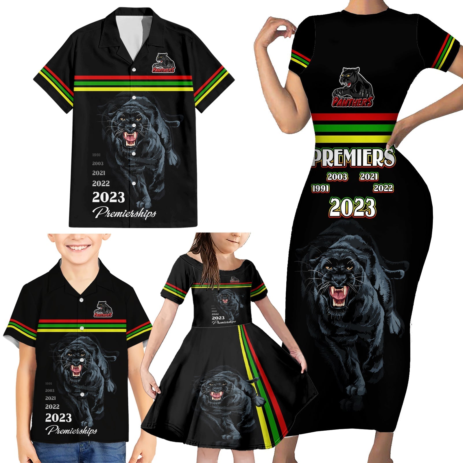 custom-panther-premierships-family-matching-short-sleeve-bodycon-dress-and-hawaiian-shirt-go-champions-2023-black-simple-style