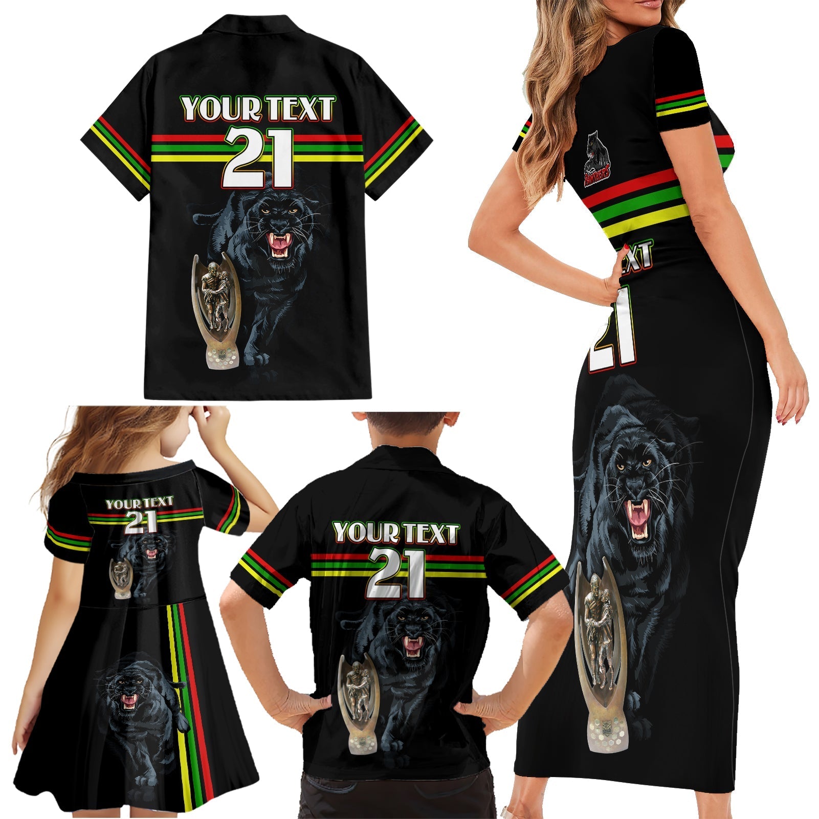 custom-panther-premierships-family-matching-short-sleeve-bodycon-dress-and-hawaiian-shirt-go-champions-2023-black-simple-style