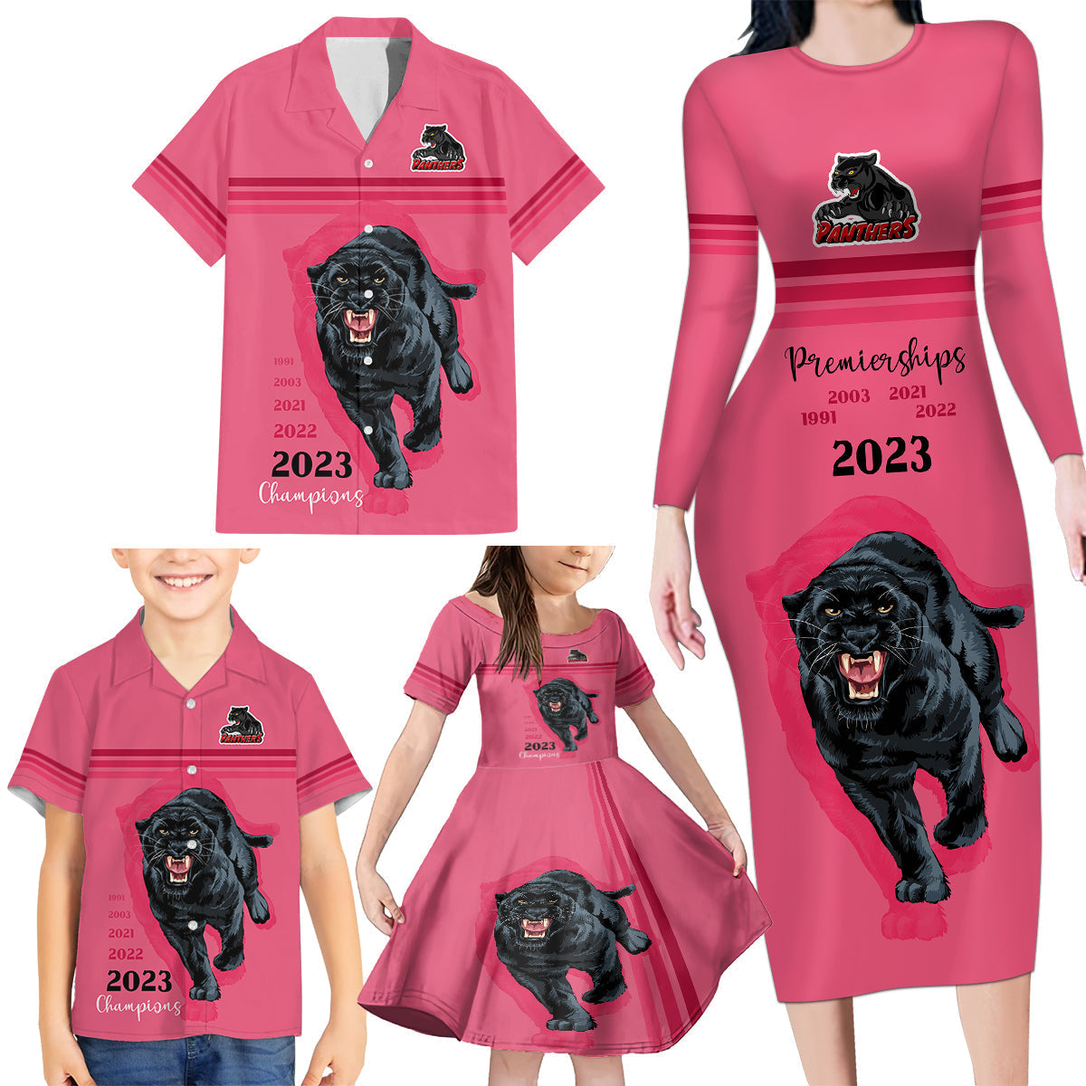 panther-premierships-family-matching-long-sleeve-bodycon-dress-and-hawaiian-shirt-go-champions-2023-pink-simple-style