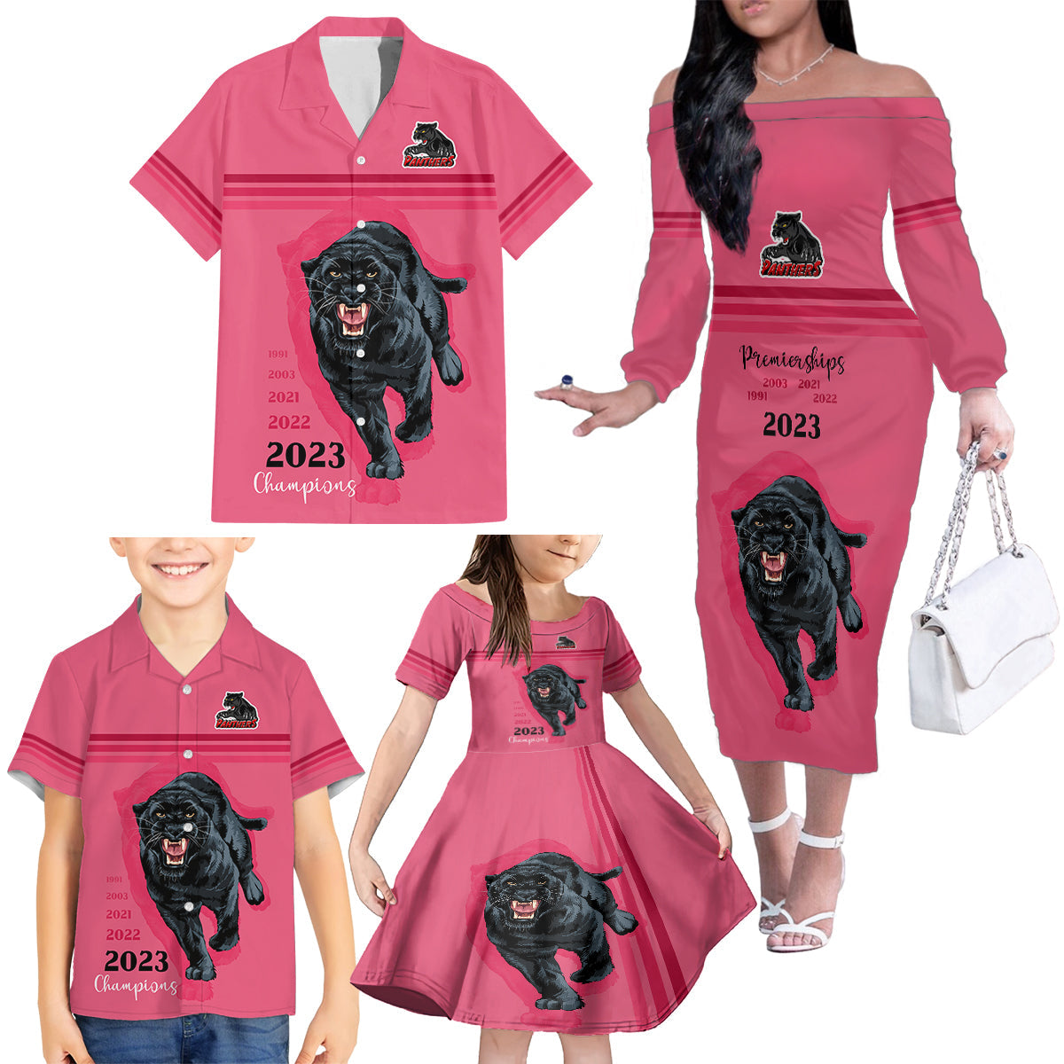 panther-premierships-family-matching-off-shoulder-long-sleeve-dress-and-hawaiian-shirt-go-champions-2023-pink-simple-style