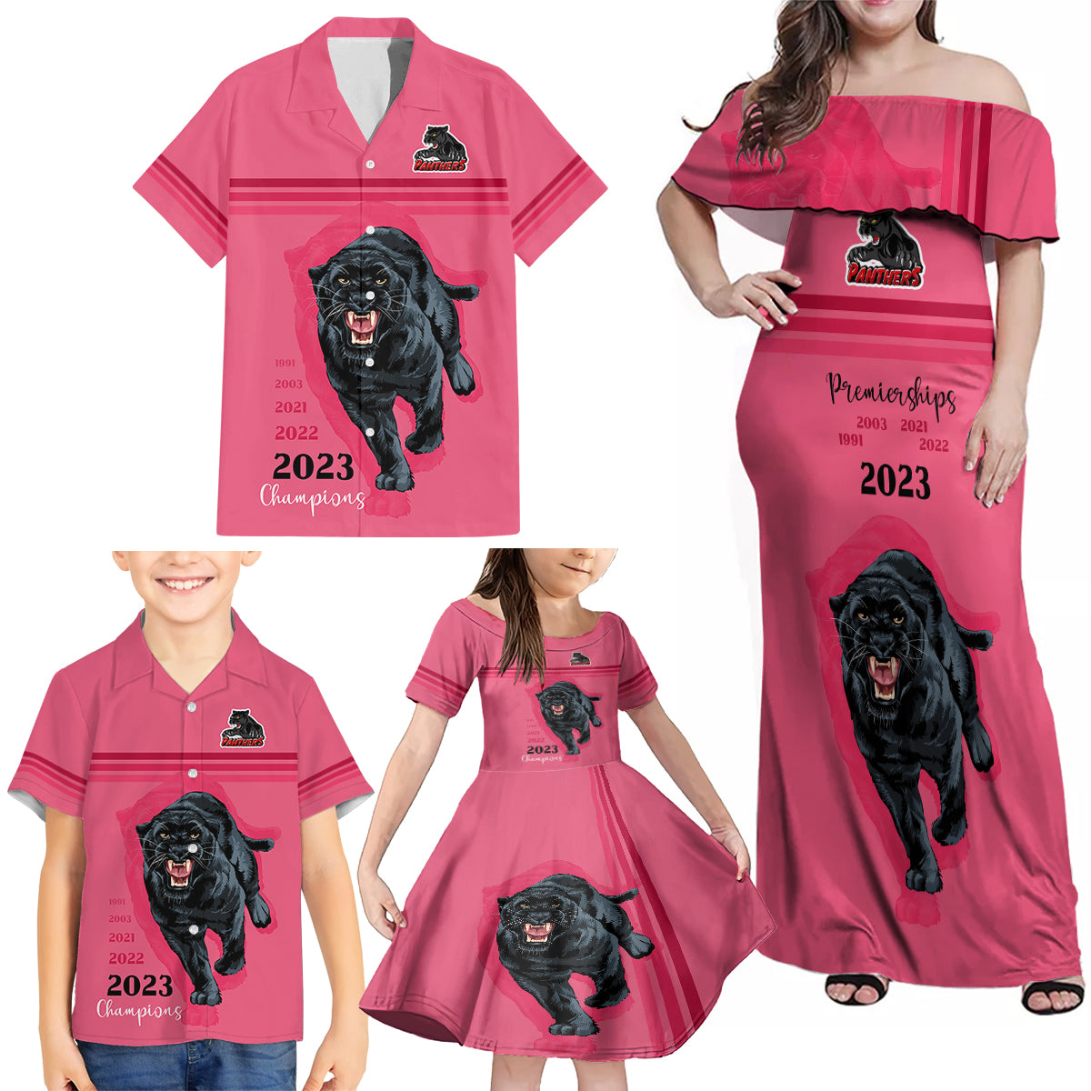 panther-premierships-family-matching-off-shoulder-maxi-dress-and-hawaiian-shirt-go-champions-2023-pink-simple-style