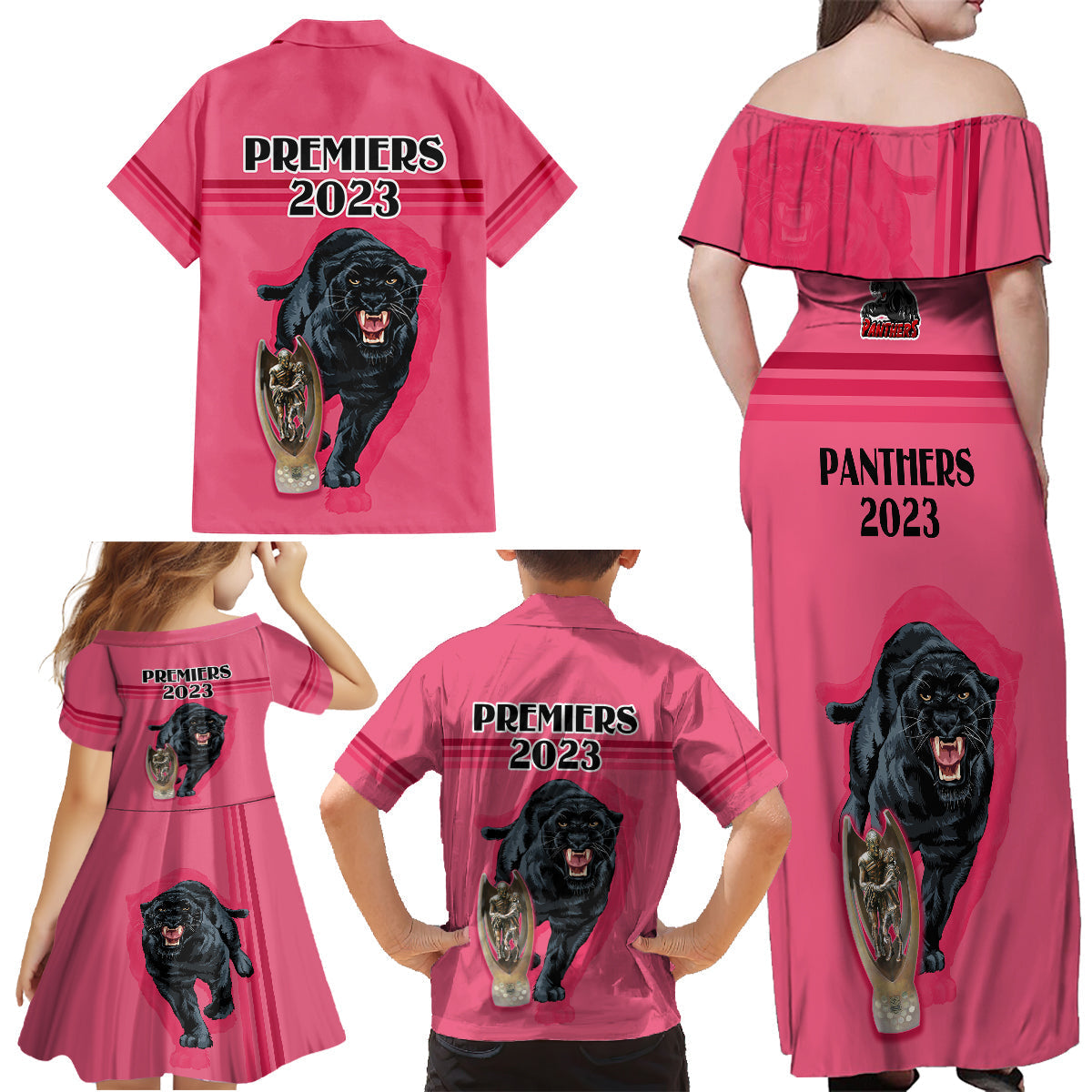 panther-premierships-family-matching-off-shoulder-maxi-dress-and-hawaiian-shirt-go-champions-2023-pink-simple-style