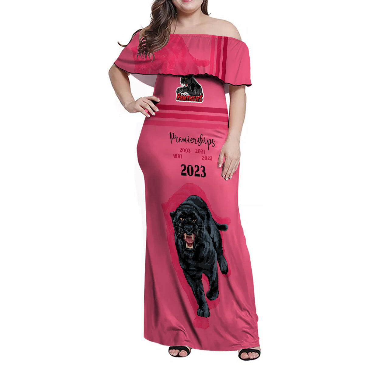 panther-premierships-family-matching-off-shoulder-maxi-dress-and-hawaiian-shirt-go-champions-2023-pink-simple-style