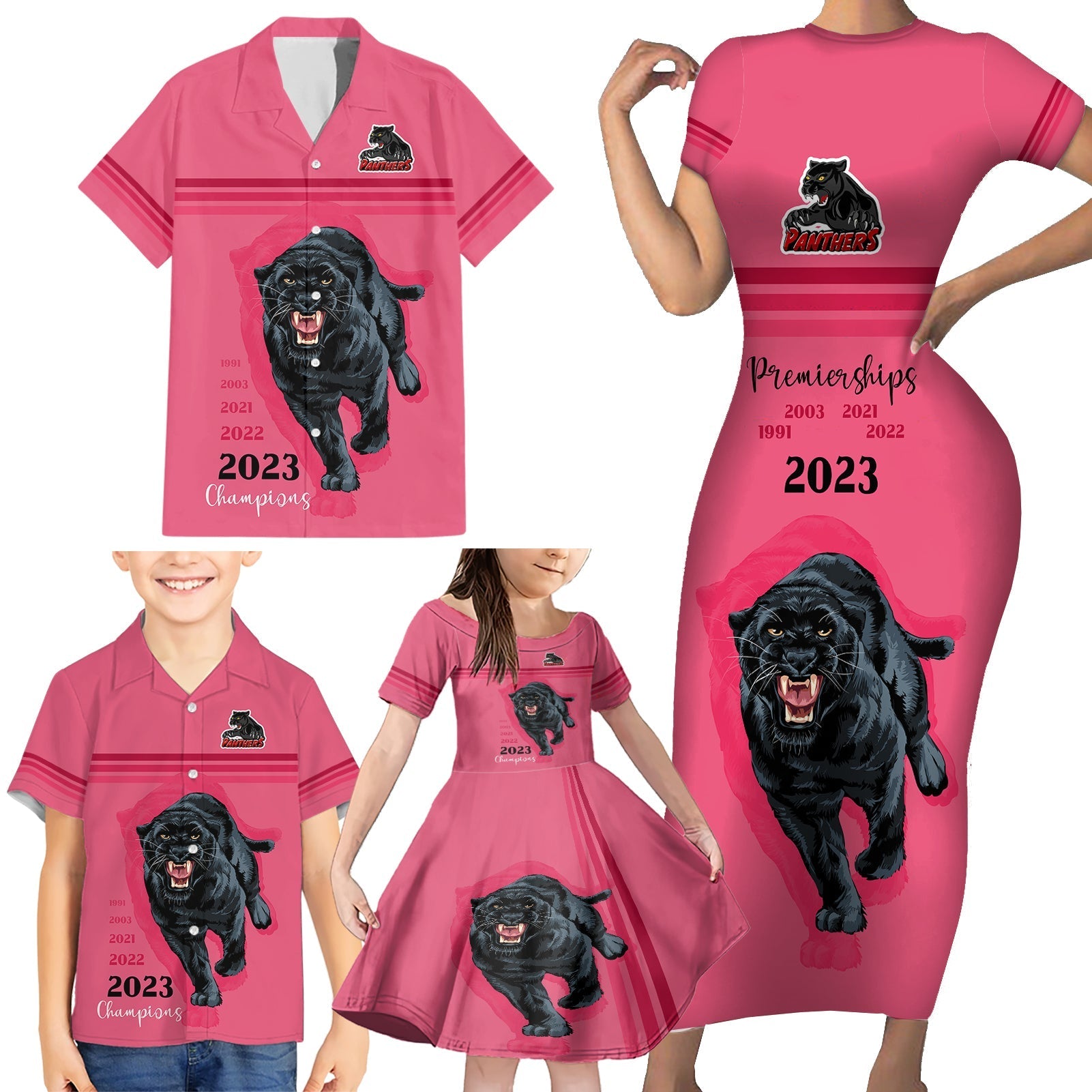 panther-premierships-family-matching-short-sleeve-bodycon-dress-and-hawaiian-shirt-go-champions-2023-pink-simple-style