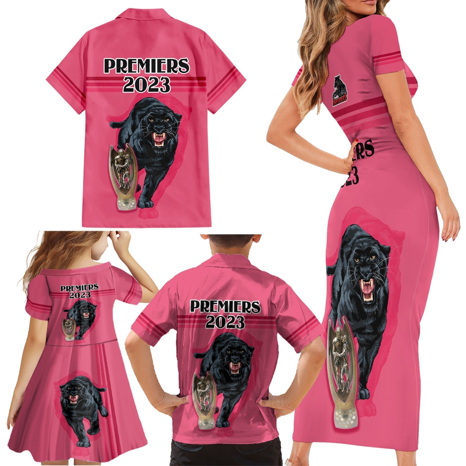 panther-premierships-family-matching-short-sleeve-bodycon-dress-and-hawaiian-shirt-go-champions-2023-pink-simple-style