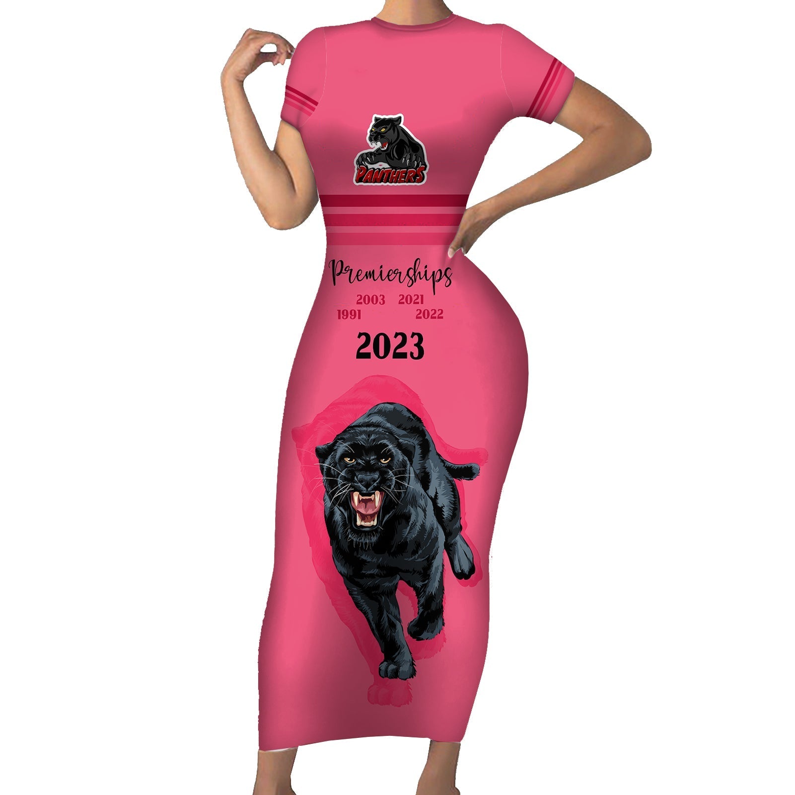panther-premierships-family-matching-short-sleeve-bodycon-dress-and-hawaiian-shirt-go-champions-2023-pink-simple-style