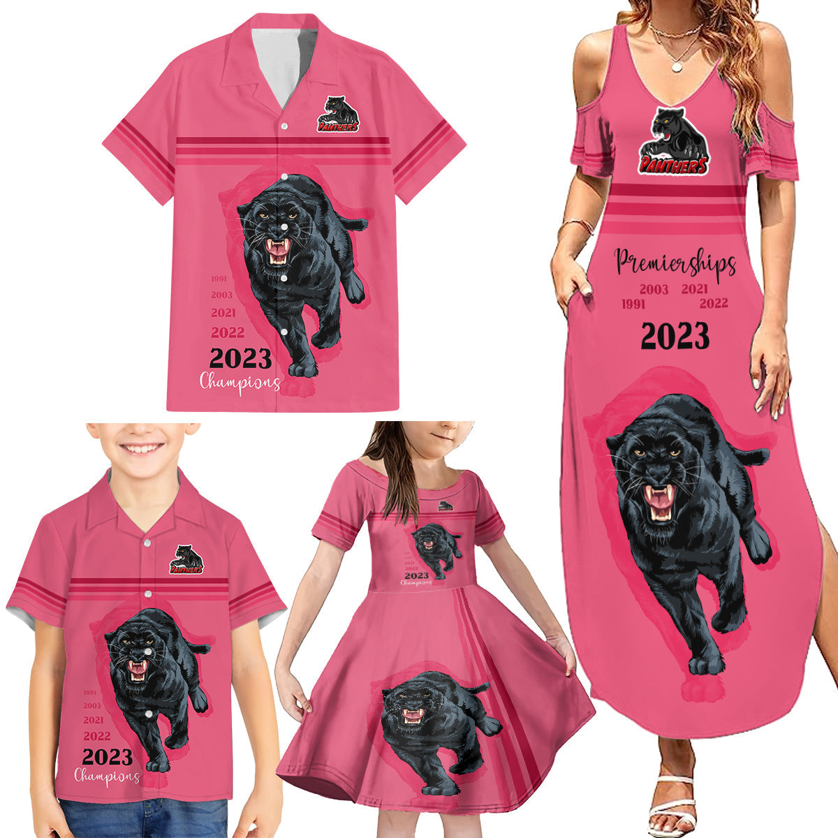 panther-premierships-family-matching-summer-maxi-dress-and-hawaiian-shirt-go-champions-2023-pink-simple-style