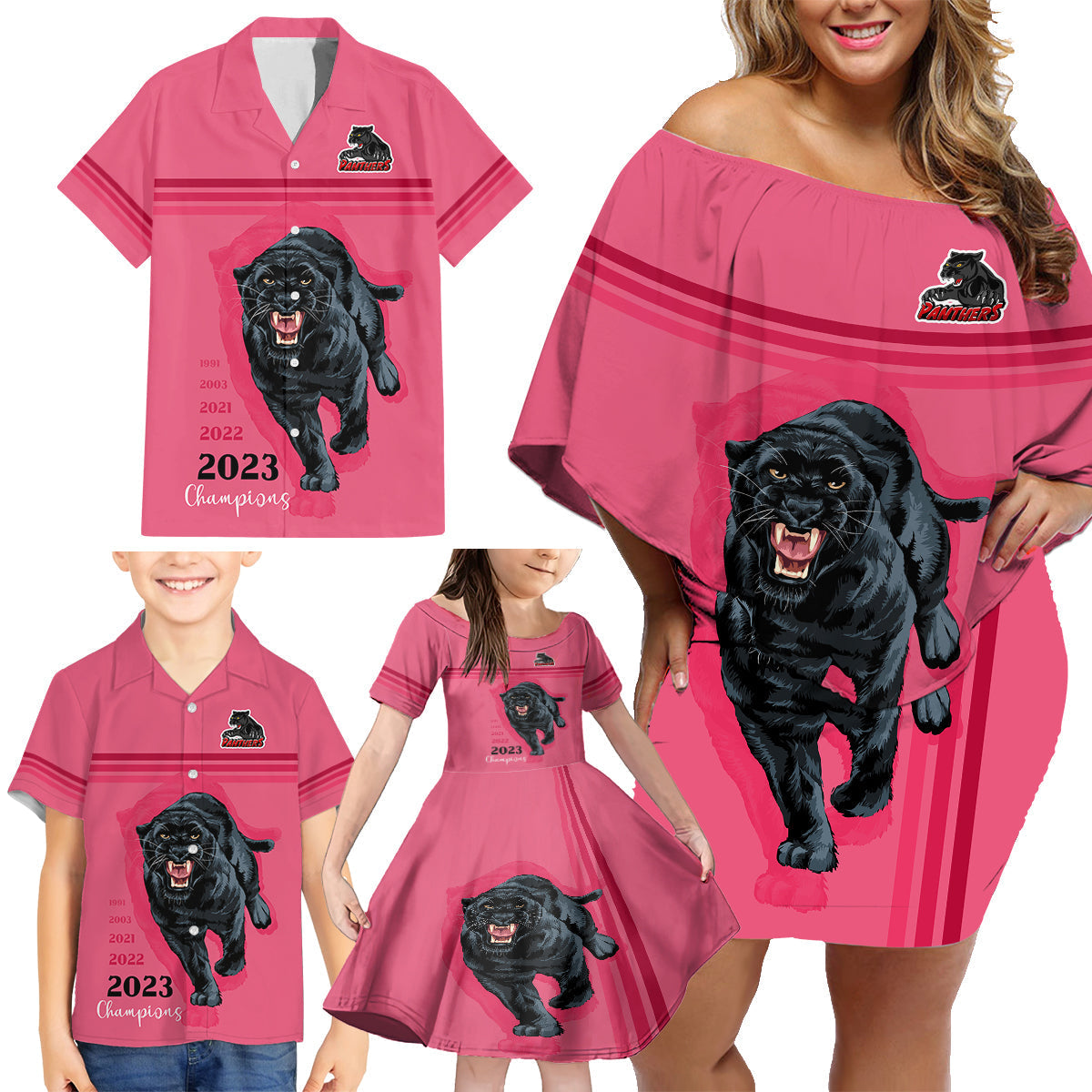 custom-panther-premierships-family-matching-off-shoulder-short-dress-and-hawaiian-shirt-go-champions-2023-pink-simple-style
