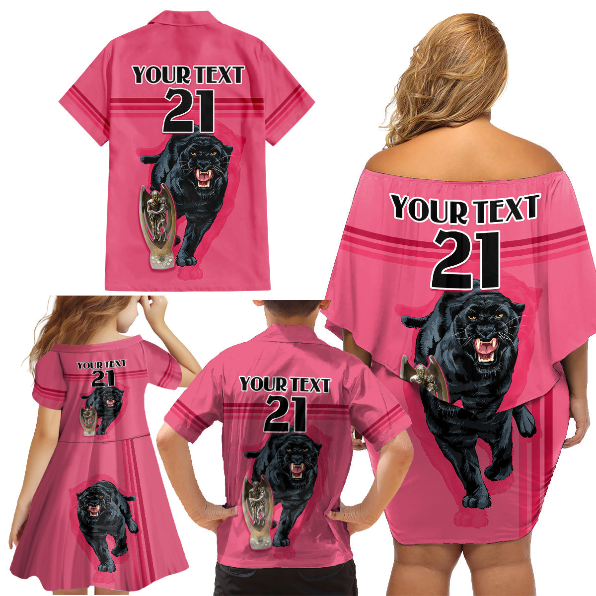 custom-panther-premierships-family-matching-off-shoulder-short-dress-and-hawaiian-shirt-go-champions-2023-pink-simple-style