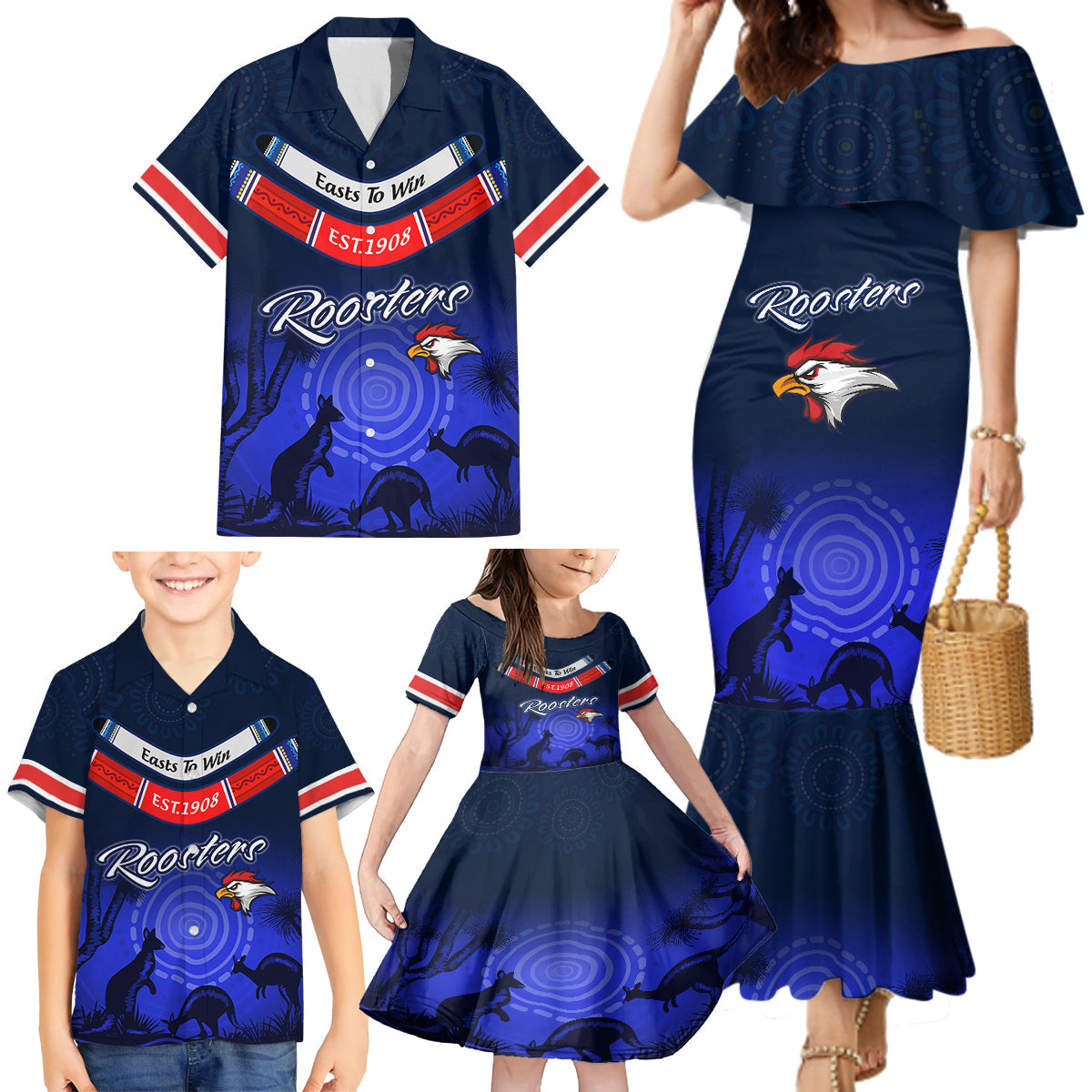 rosster-easts-to-win-family-matching-mermaid-dress-and-hawaiian-shirt-sydney-rugby-est-1908-boomerang-indeginous