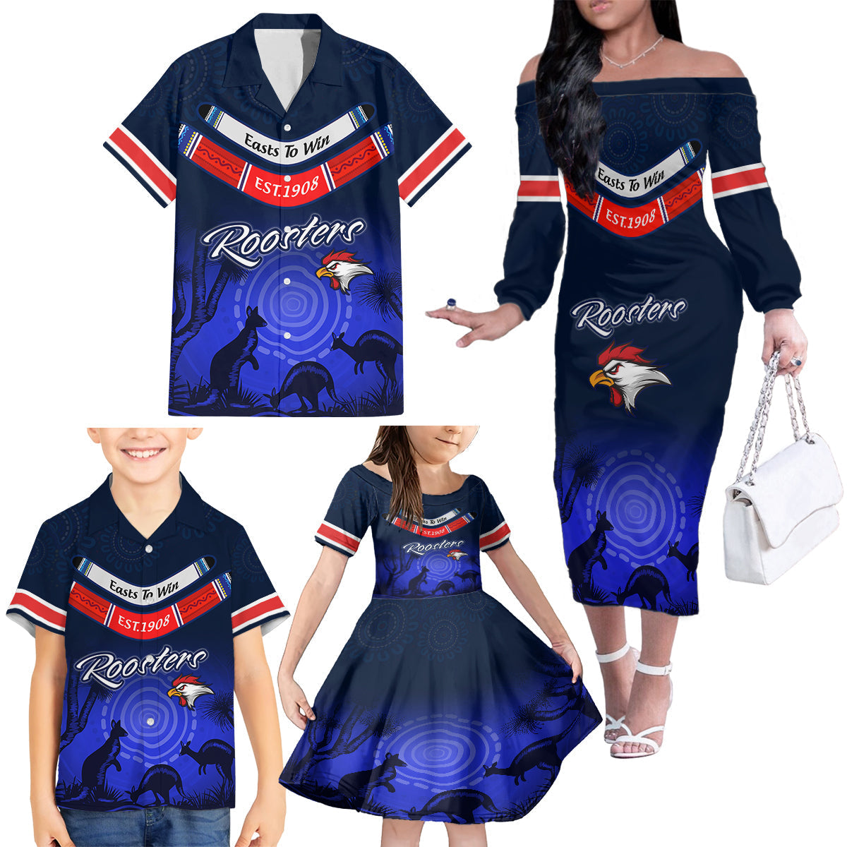 rosster-easts-to-win-family-matching-off-shoulder-long-sleeve-dress-and-hawaiian-shirt-sydney-rugby-est-1908-boomerang-indeginous