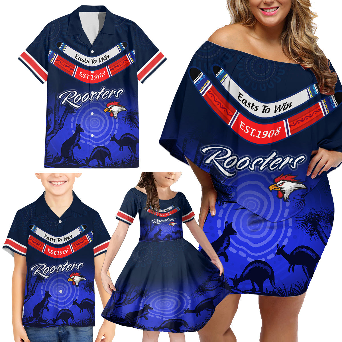 rosster-easts-to-win-family-matching-off-shoulder-short-dress-and-hawaiian-shirt-sydney-rugby-est-1908-boomerang-indeginous