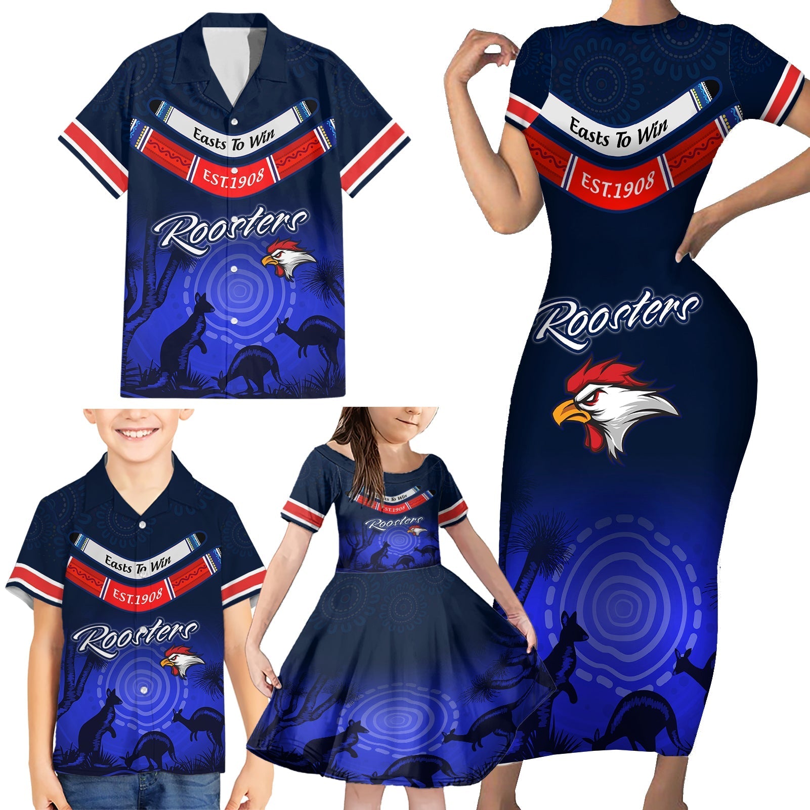 rosster-easts-to-win-family-matching-short-sleeve-bodycon-dress-and-hawaiian-shirt-sydney-rugby-est-1908-boomerang-indeginous