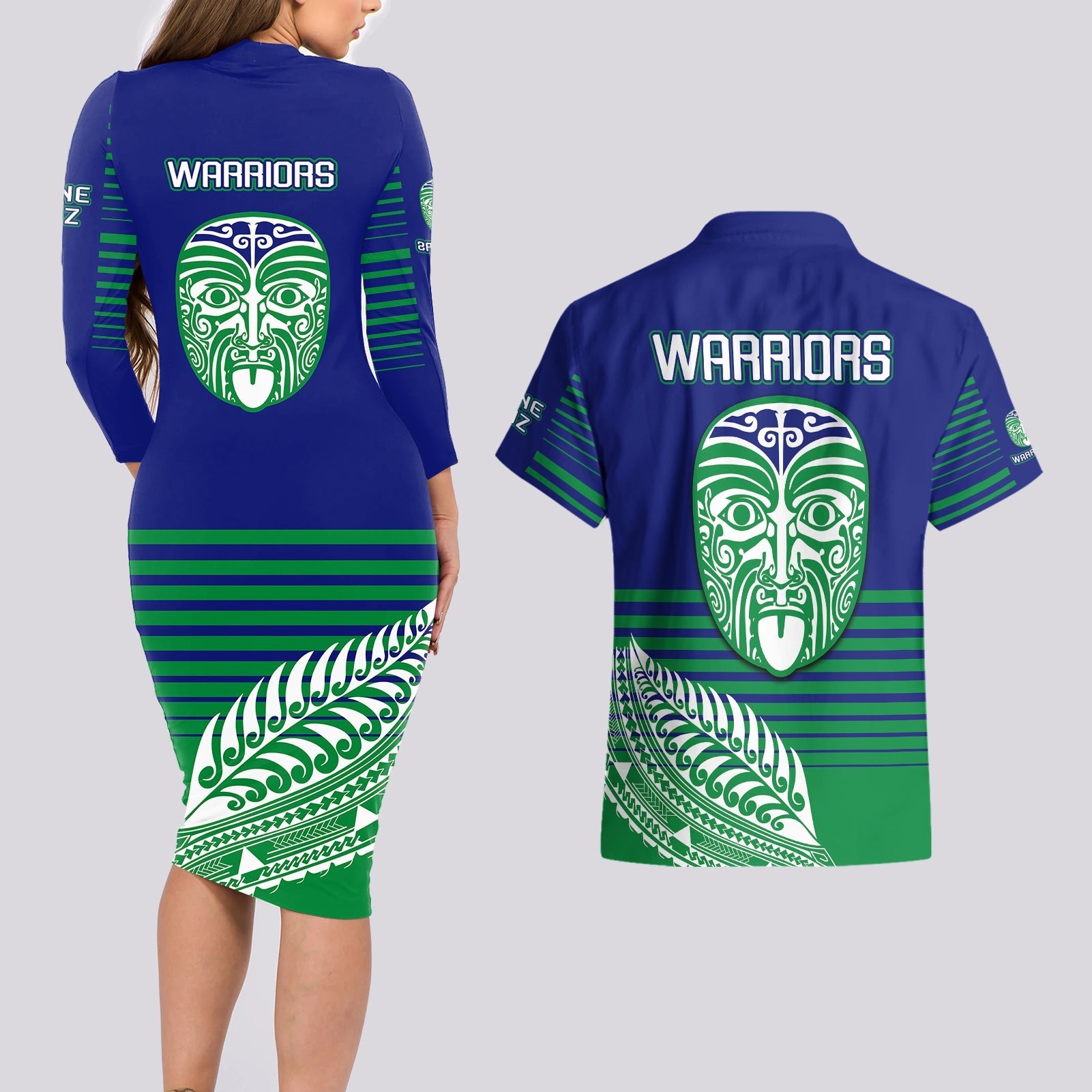 warriors-new-zealand-rugby-couples-matching-long-sleeve-bodycon-dress-and-hawaiian-shirt-maori-face-ta-moko-simple-style