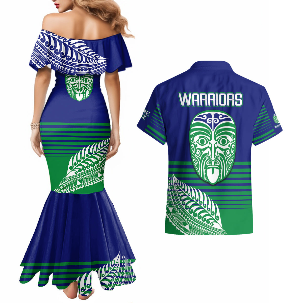 warriors-new-zealand-rugby-couples-matching-mermaid-dress-and-hawaiian-shirt-maori-face-ta-moko-simple-style
