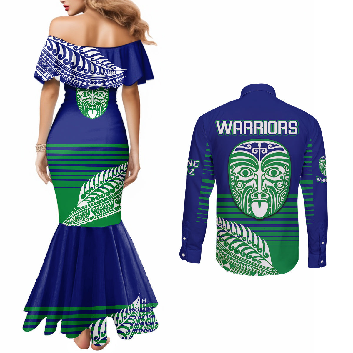 warriors-new-zealand-rugby-couples-matching-mermaid-dress-and-long-sleeve-button-shirts-maori-face-ta-moko-simple-style