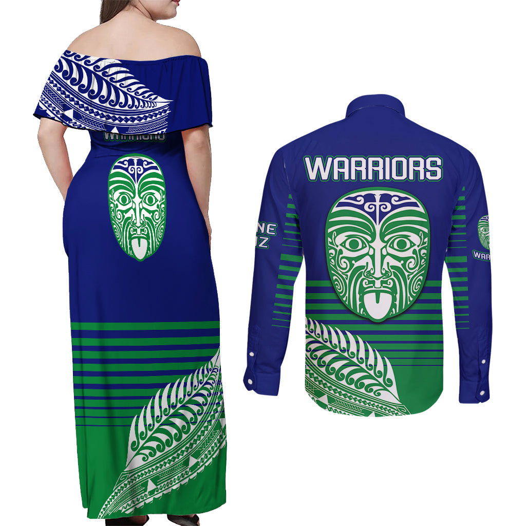 warriors-new-zealand-rugby-couples-matching-off-shoulder-maxi-dress-and-long-sleeve-button-shirts-maori-face-ta-moko-simple-style