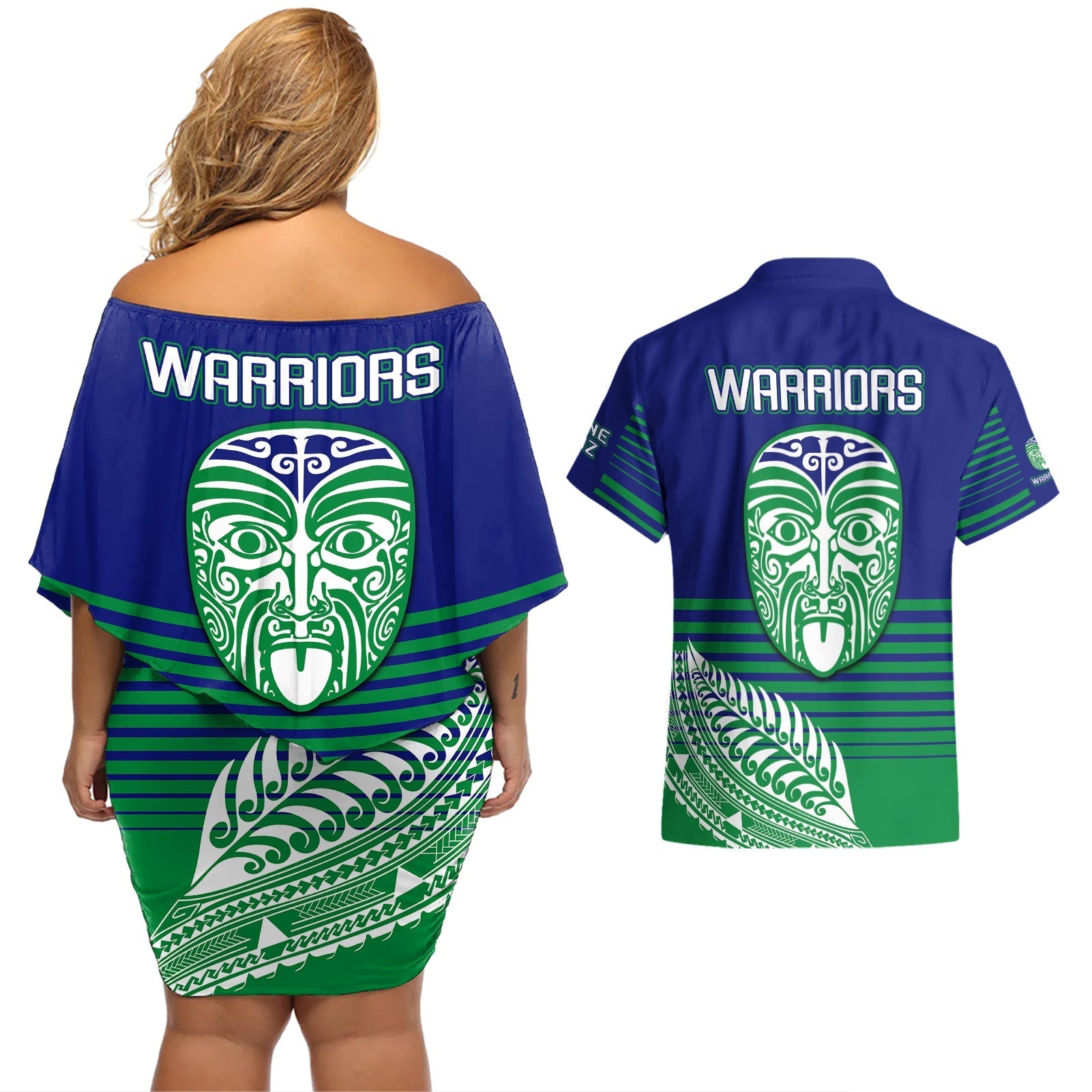 warriors-new-zealand-rugby-couples-matching-off-shoulder-short-dress-and-hawaiian-shirt-maori-face-ta-moko-simple-style