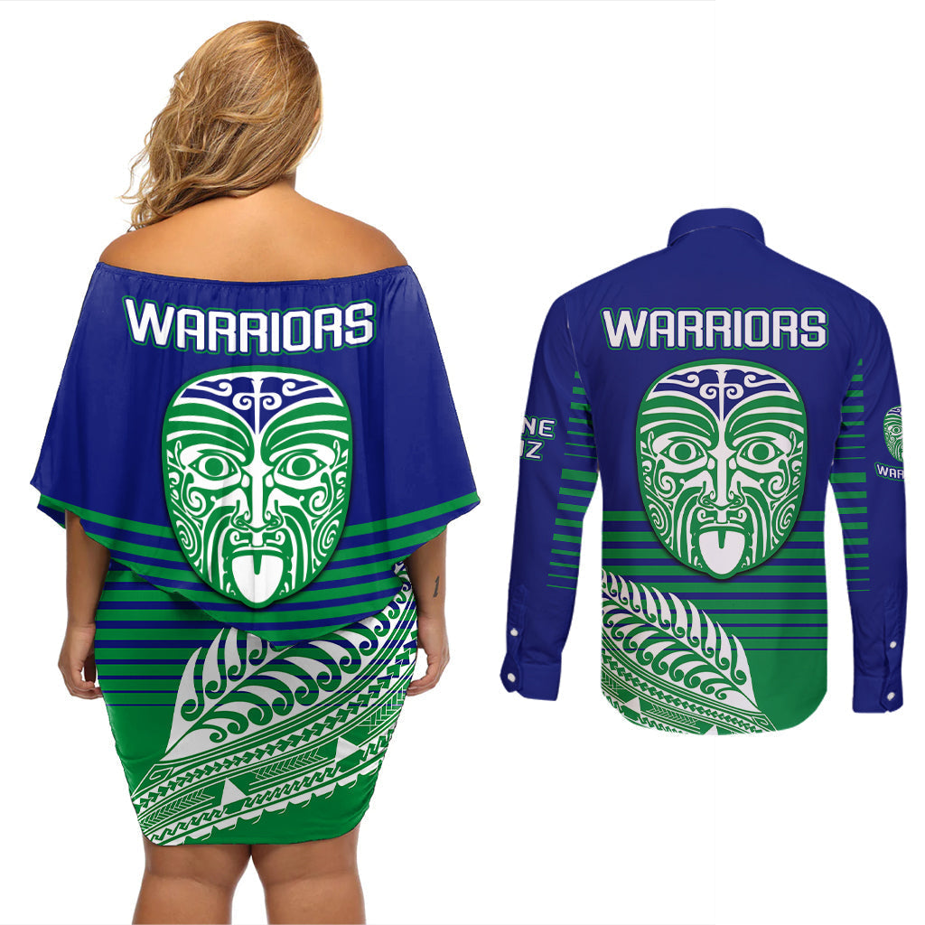 warriors-new-zealand-rugby-couples-matching-off-shoulder-short-dress-and-long-sleeve-button-shirts-maori-face-ta-moko-simple-style