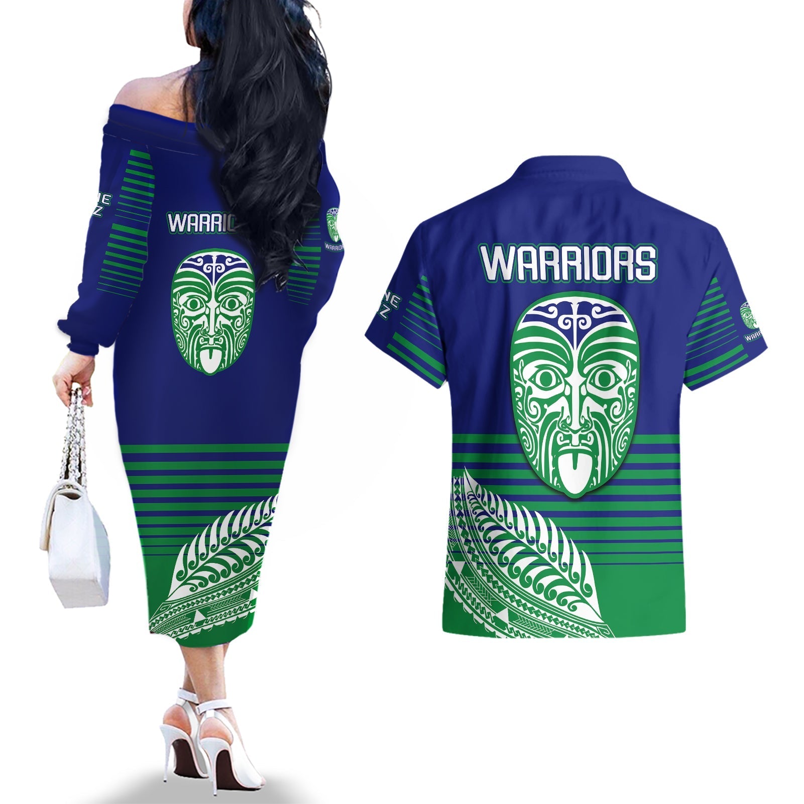 warriors-new-zealand-rugby-couples-matching-off-the-shoulder-long-sleeve-dress-and-hawaiian-shirt-maori-face-ta-moko-simple-style