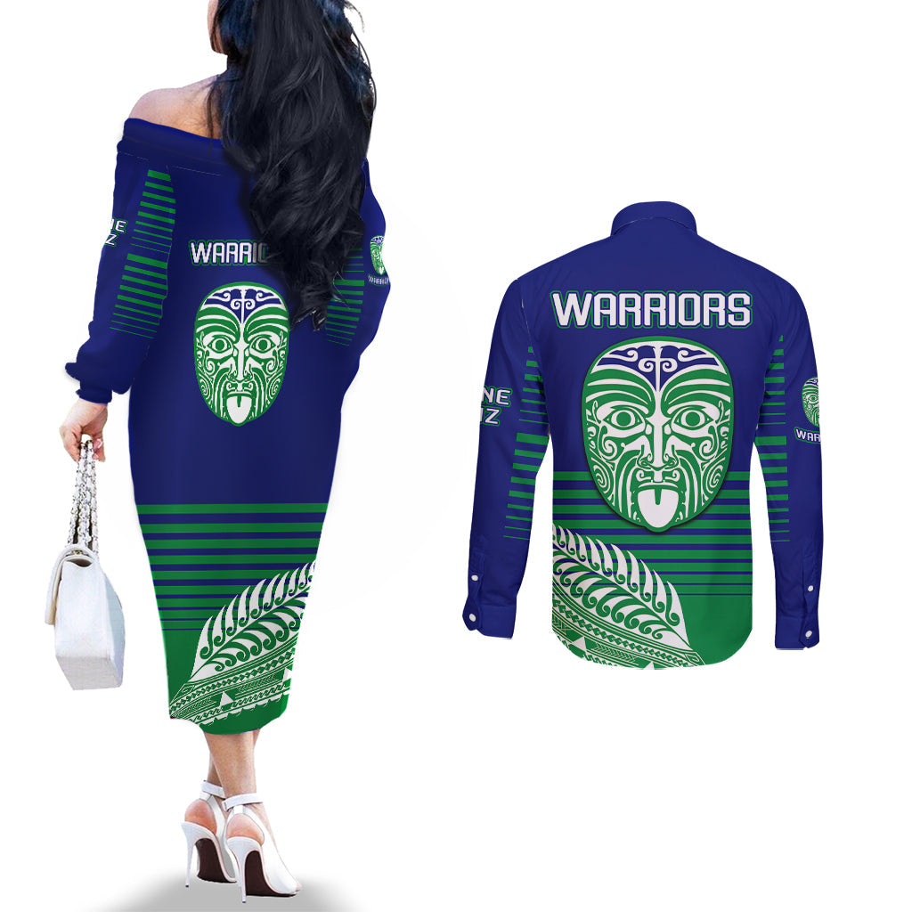 warriors-new-zealand-rugby-couples-matching-off-the-shoulder-long-sleeve-dress-and-long-sleeve-button-shirts-maori-face-ta-moko-simple-style