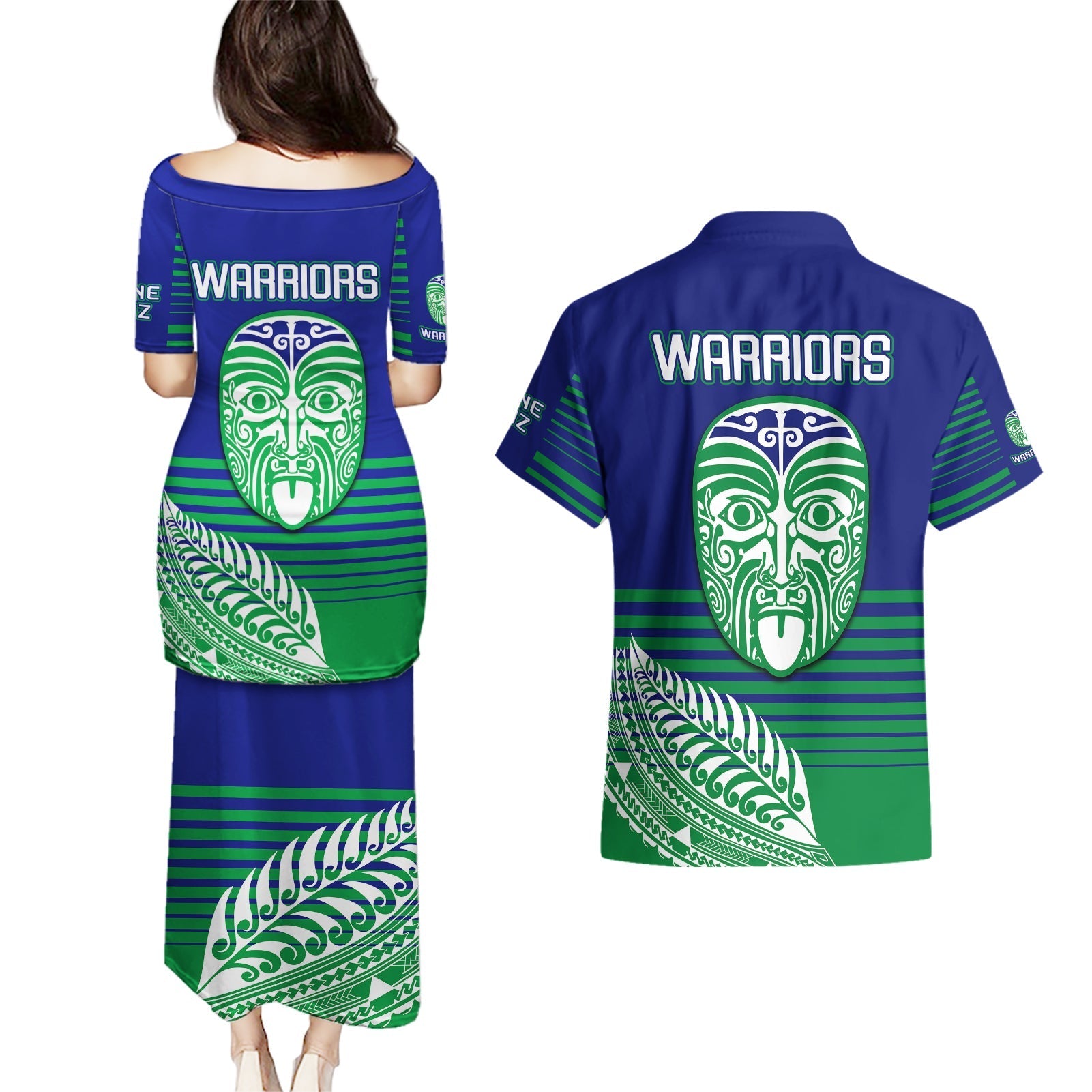warriors-new-zealand-rugby-couples-matching-puletasi-dress-and-hawaiian-shirt-maori-face-ta-moko-simple-style