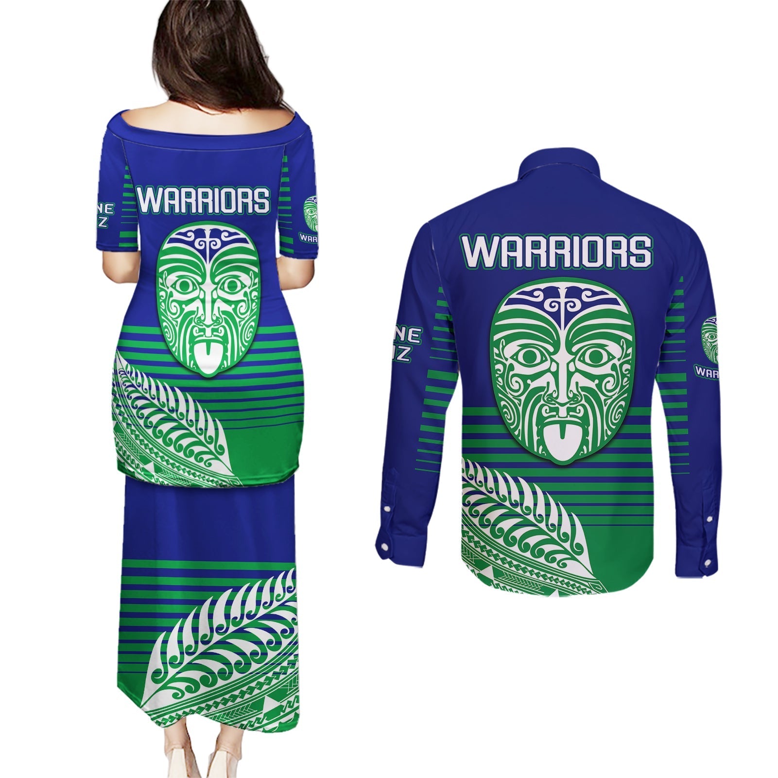 warriors-new-zealand-rugby-couples-matching-puletasi-dress-and-long-sleeve-button-shirts-maori-face-ta-moko-simple-style