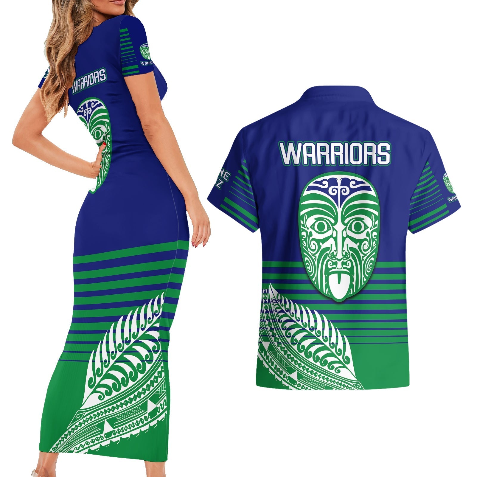 warriors-new-zealand-rugby-couples-matching-short-sleeve-bodycon-dress-and-hawaiian-shirt-maori-face-ta-moko-simple-style