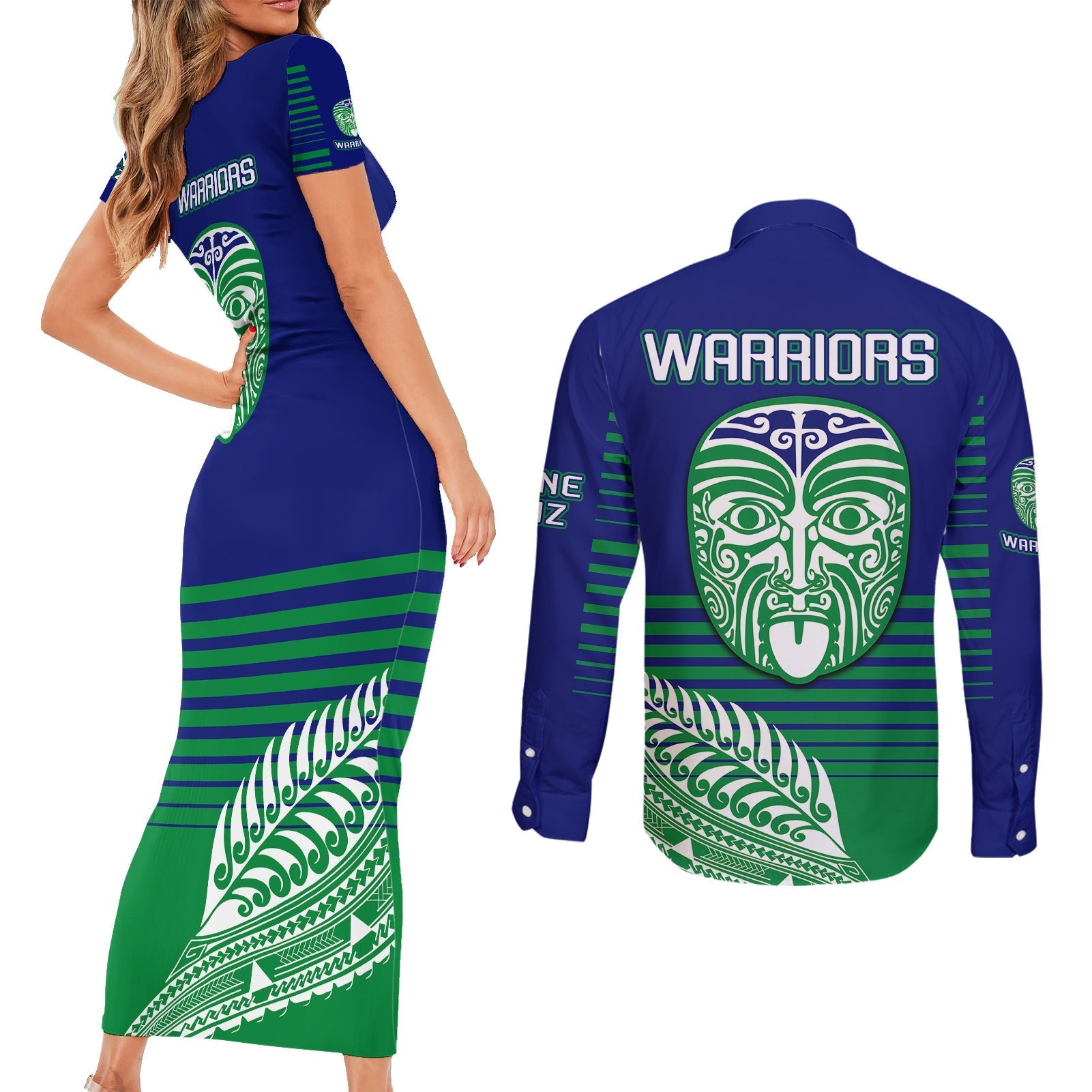 warriors-new-zealand-rugby-couples-matching-short-sleeve-bodycon-dress-and-long-sleeve-button-shirts-maori-face-ta-moko-simple-style