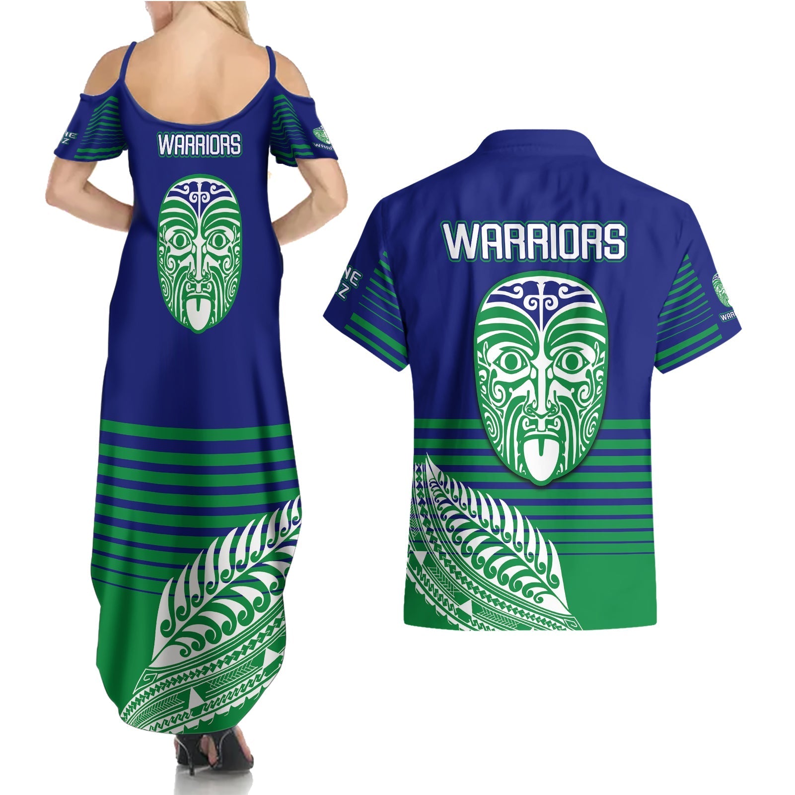 warriors-new-zealand-rugby-couples-matching-summer-maxi-dress-and-hawaiian-shirt-maori-face-ta-moko-simple-style
