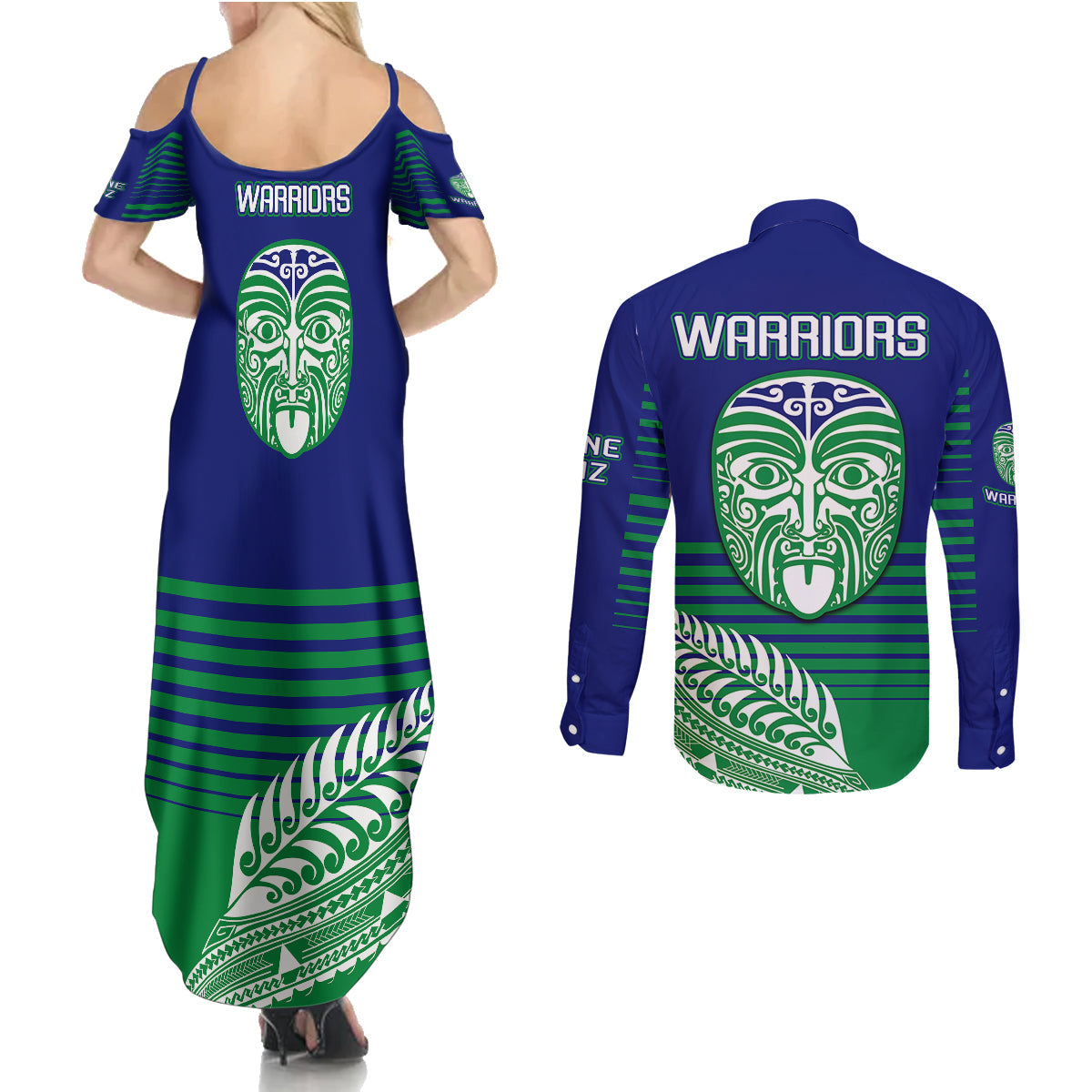 warriors-new-zealand-rugby-couples-matching-summer-maxi-dress-and-long-sleeve-button-shirts-maori-face-ta-moko-simple-style